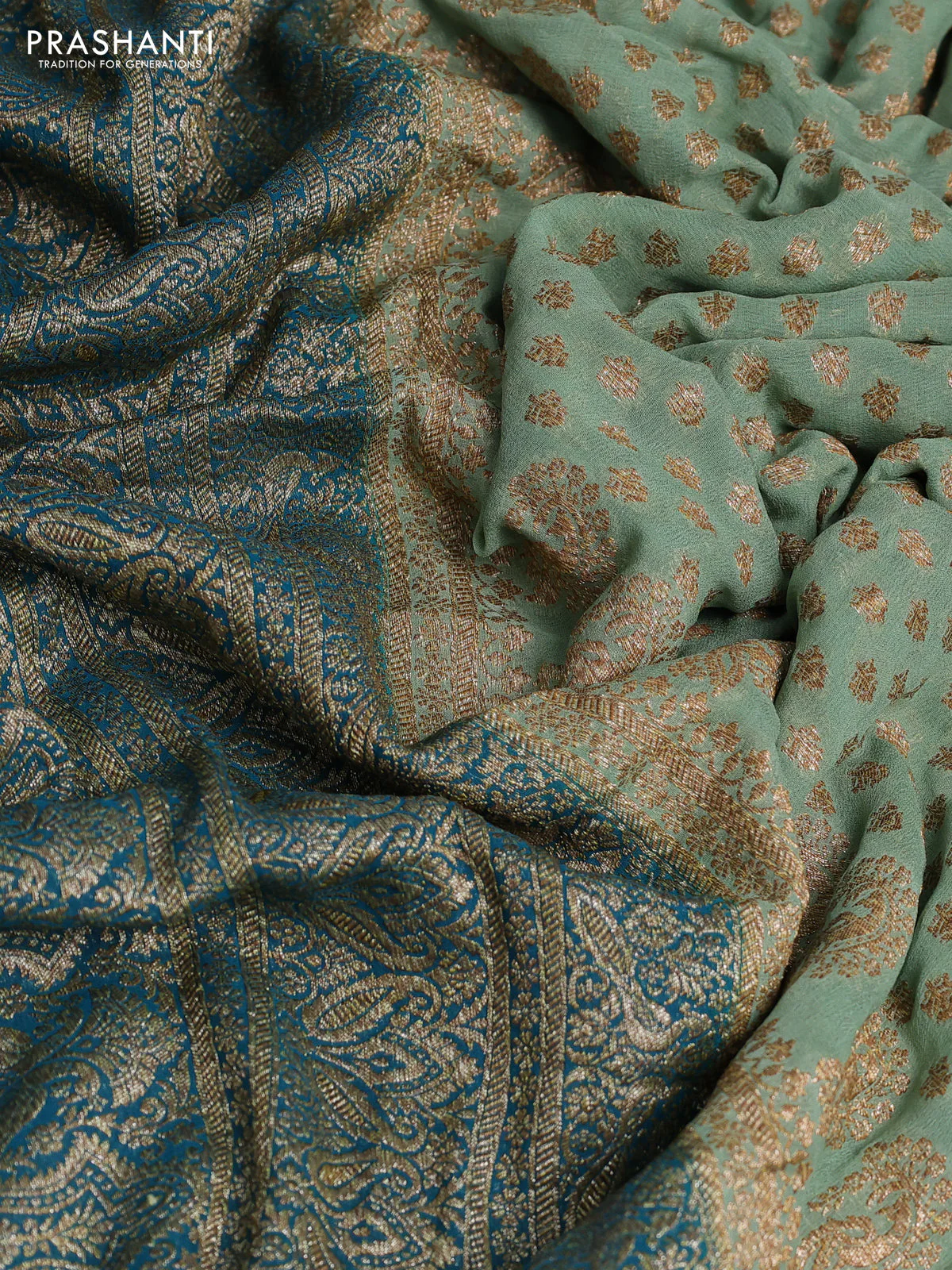 Banarasi georgette saree pastel green and teal green with allover thread & zari woven buttas and woven border - Image 3