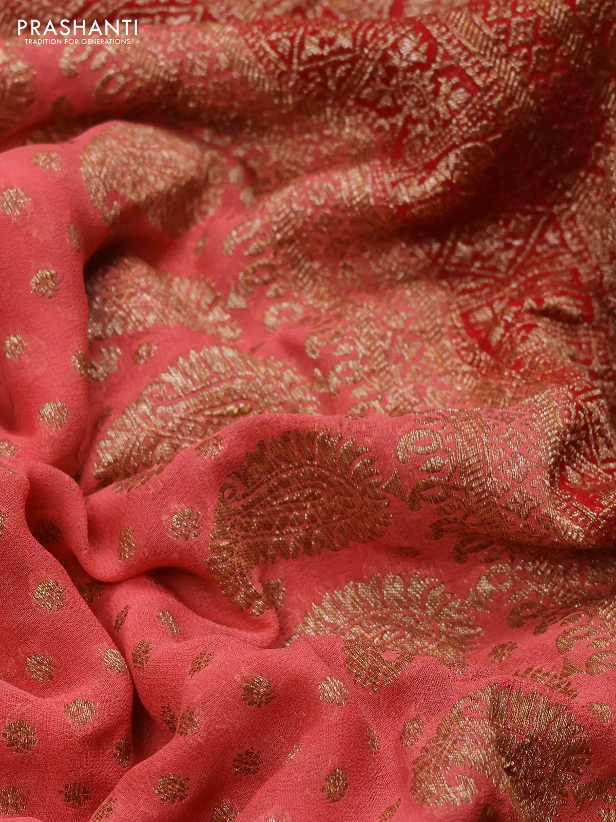 Banarasi georgette saree peach shade and red with allover thread & zari woven buttas and woven border - Image 3
