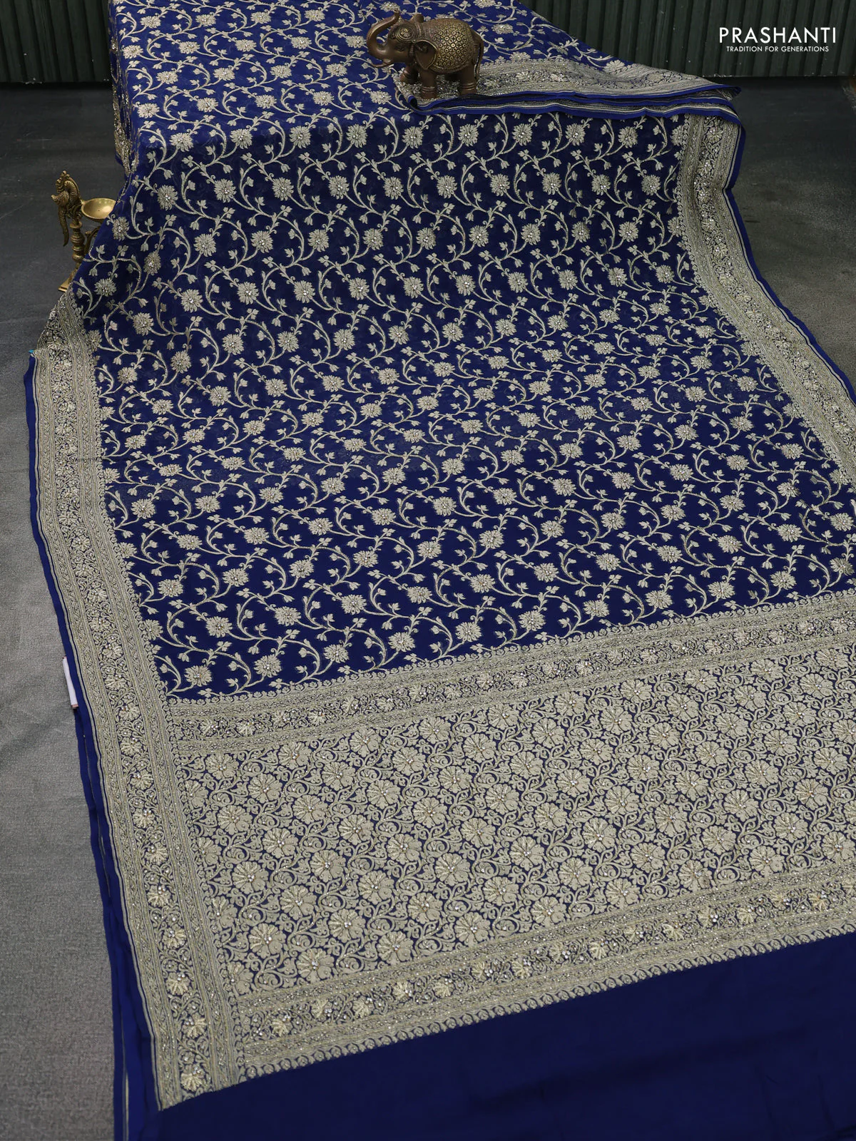 Banarasi georgette saree peacock blue with allover jaal weaves & stone work and zardosi work border - Image 2