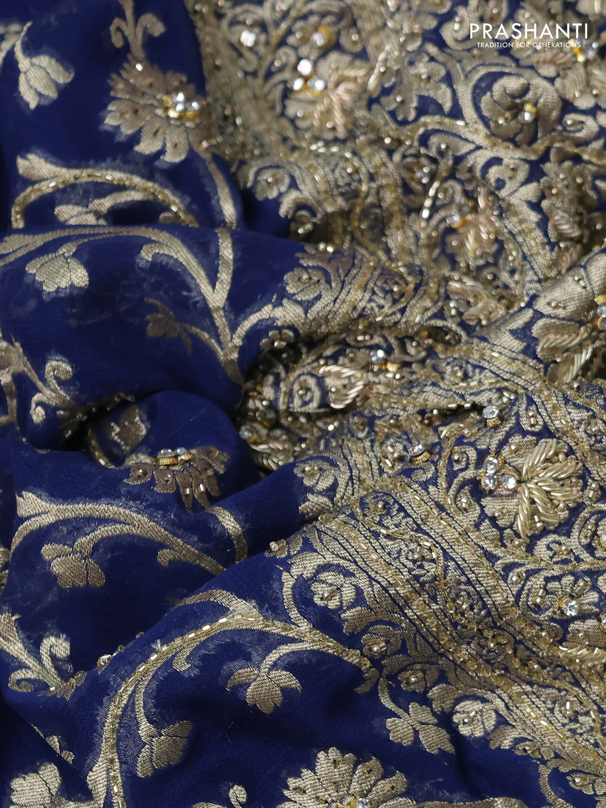Banarasi georgette saree peacock blue with allover jaal weaves & stone work and zardosi work border - Image 3