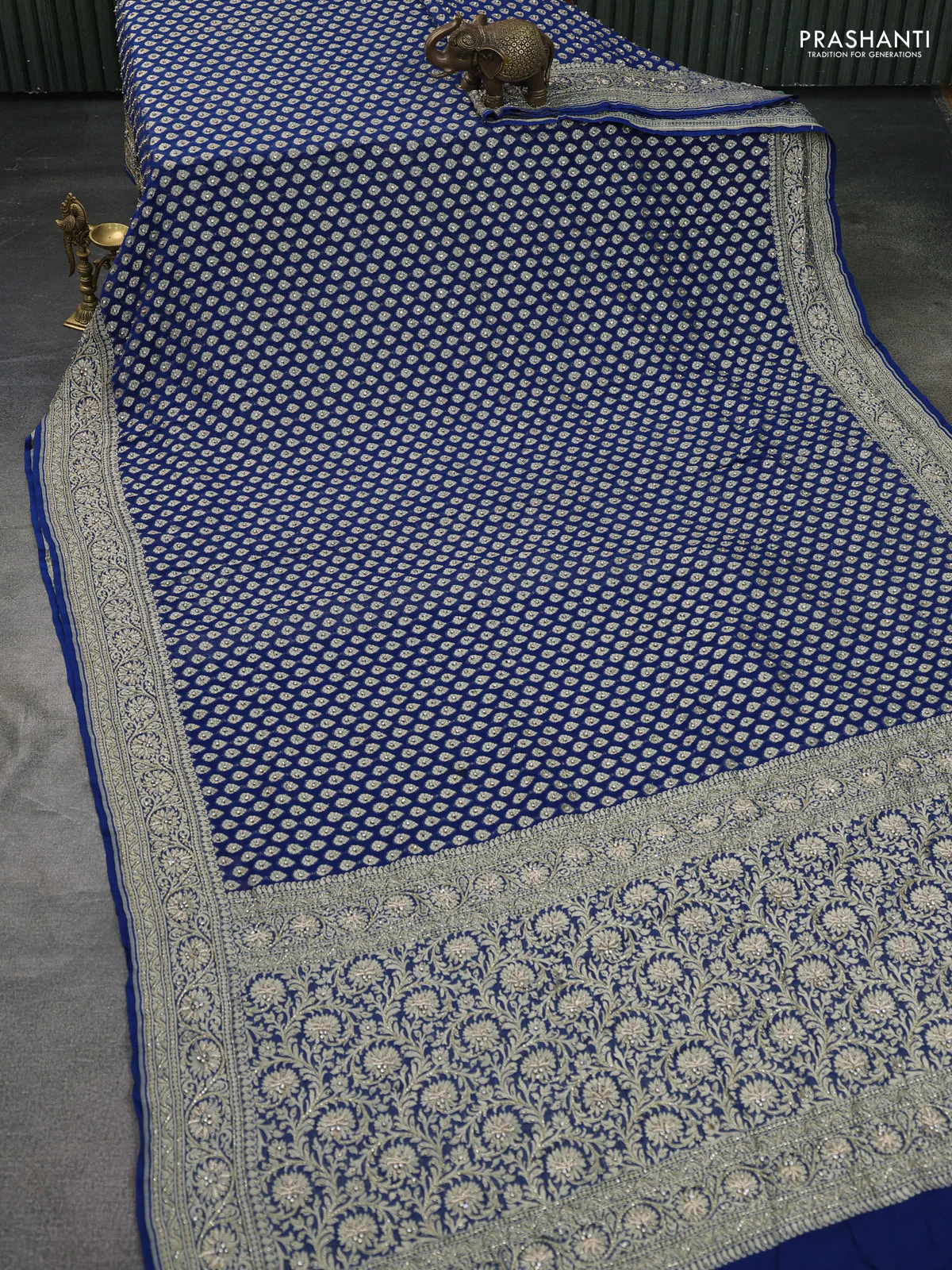 Banarasi georgette saree peacock blue with woven buttas & stone work and zardosi work border - Image 2