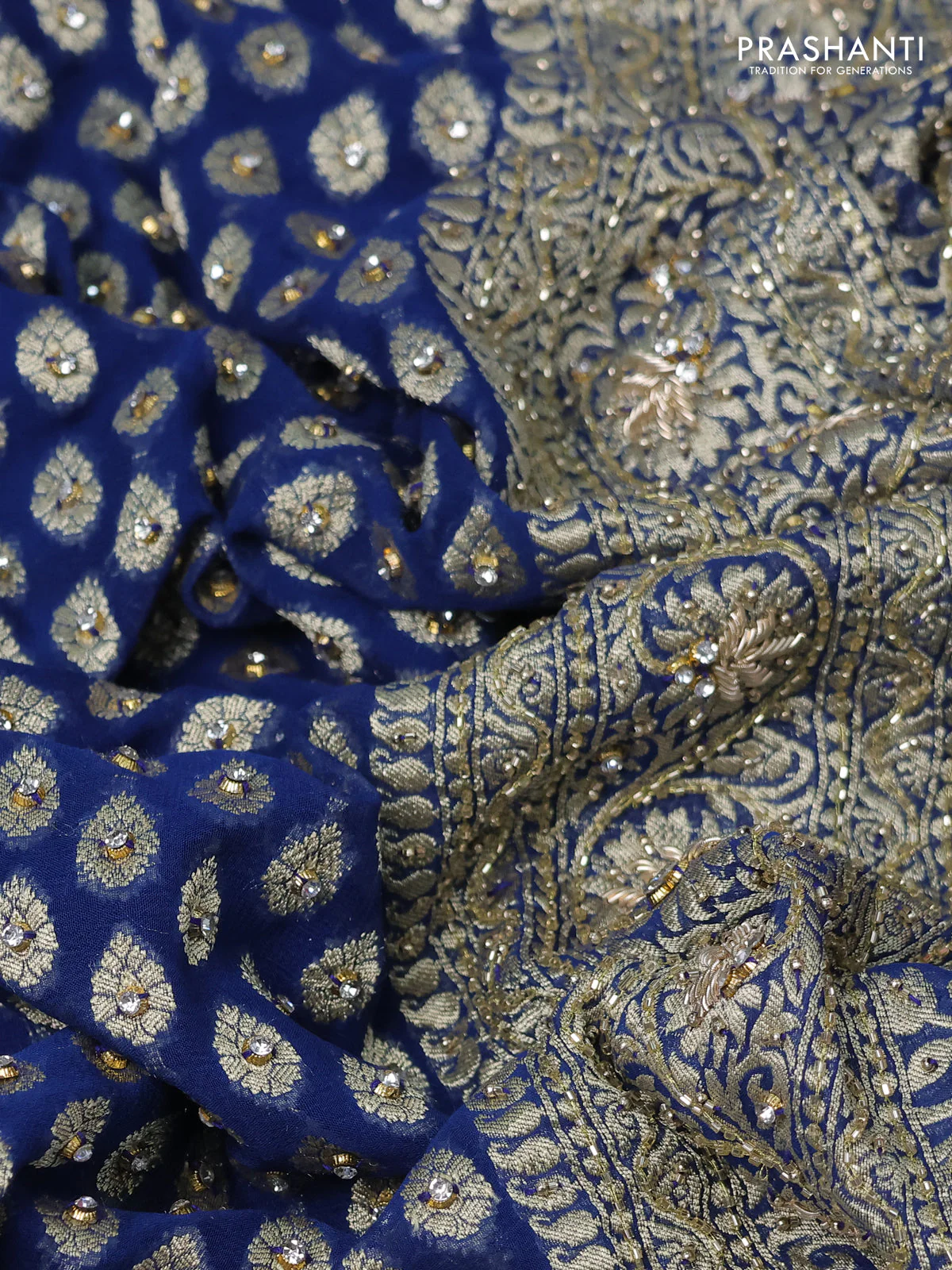 Banarasi georgette saree peacock blue with woven buttas & stone work and zardosi work border - Image 3