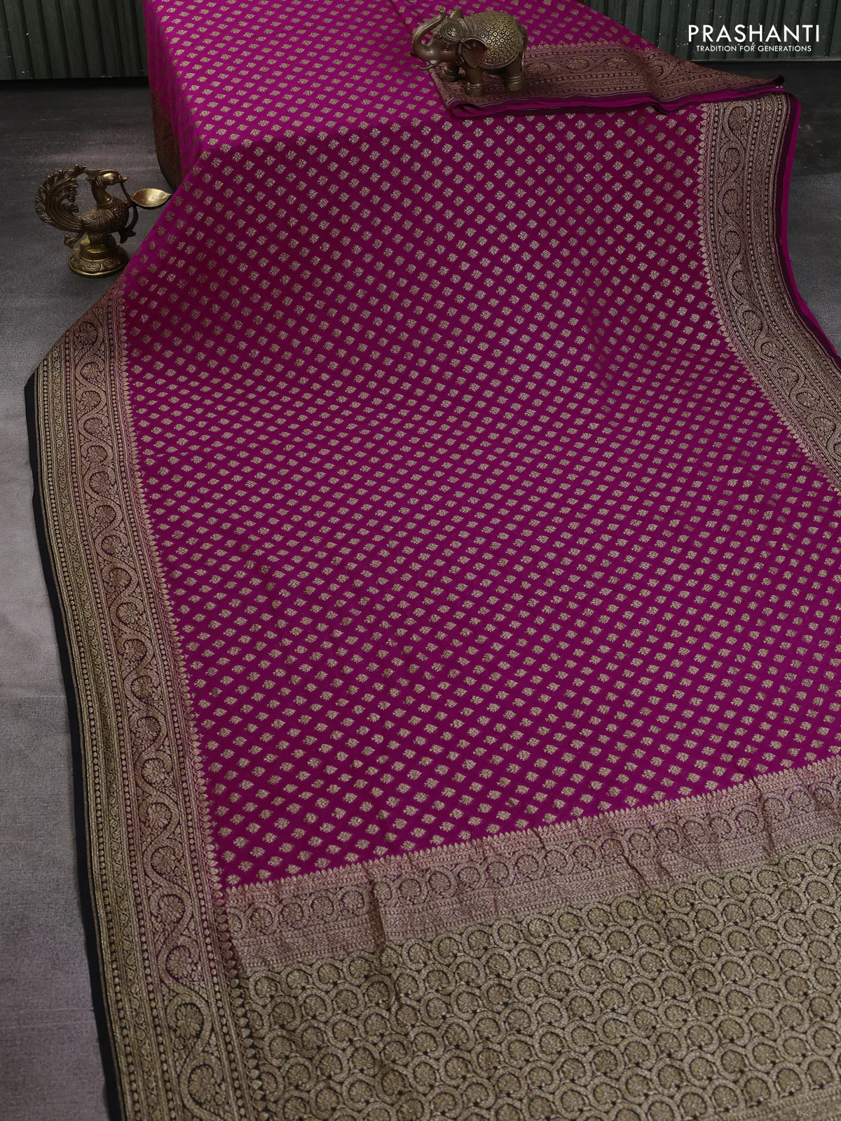 Banarasi georgette saree pink and black with allover thread & zari woven buttas and woven border - Image 2