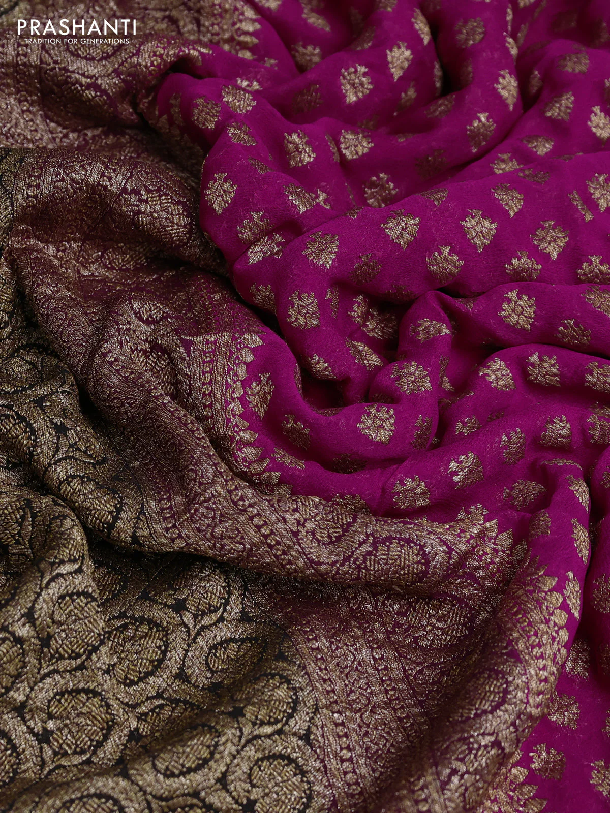 Banarasi georgette saree pink and black with allover thread & zari woven buttas and woven border - Image 3