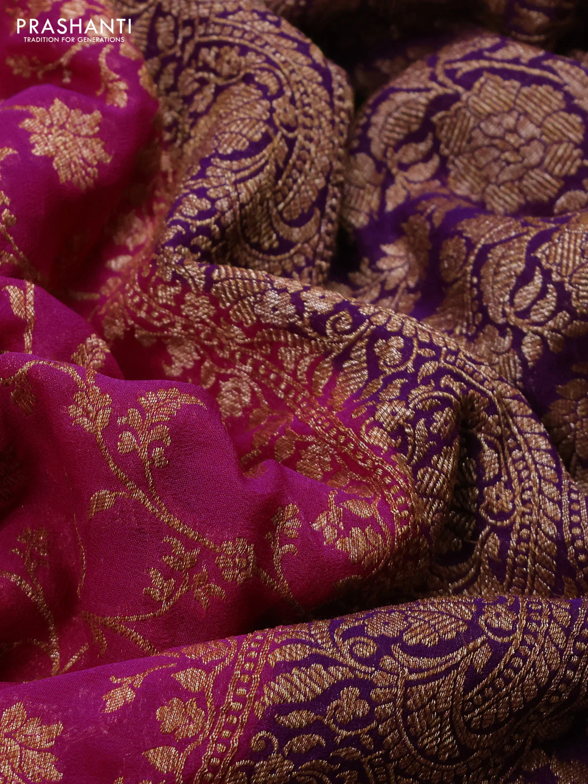 Banarasi georgette saree pink and purple with allover thread & zari weaves and woven border - Image 3