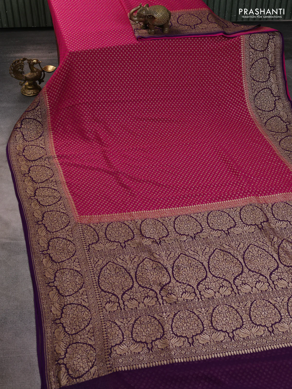 Banarasi georgette saree pink and purple with allover thread & zari woven buttas and long woven border - Image 2