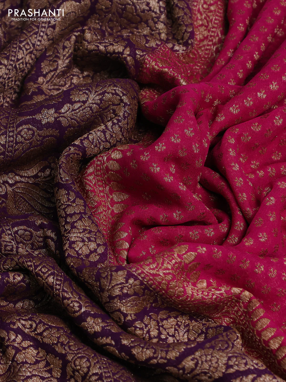 Banarasi georgette saree pink and purple with allover thread & zari woven buttas and long woven border - Image 3