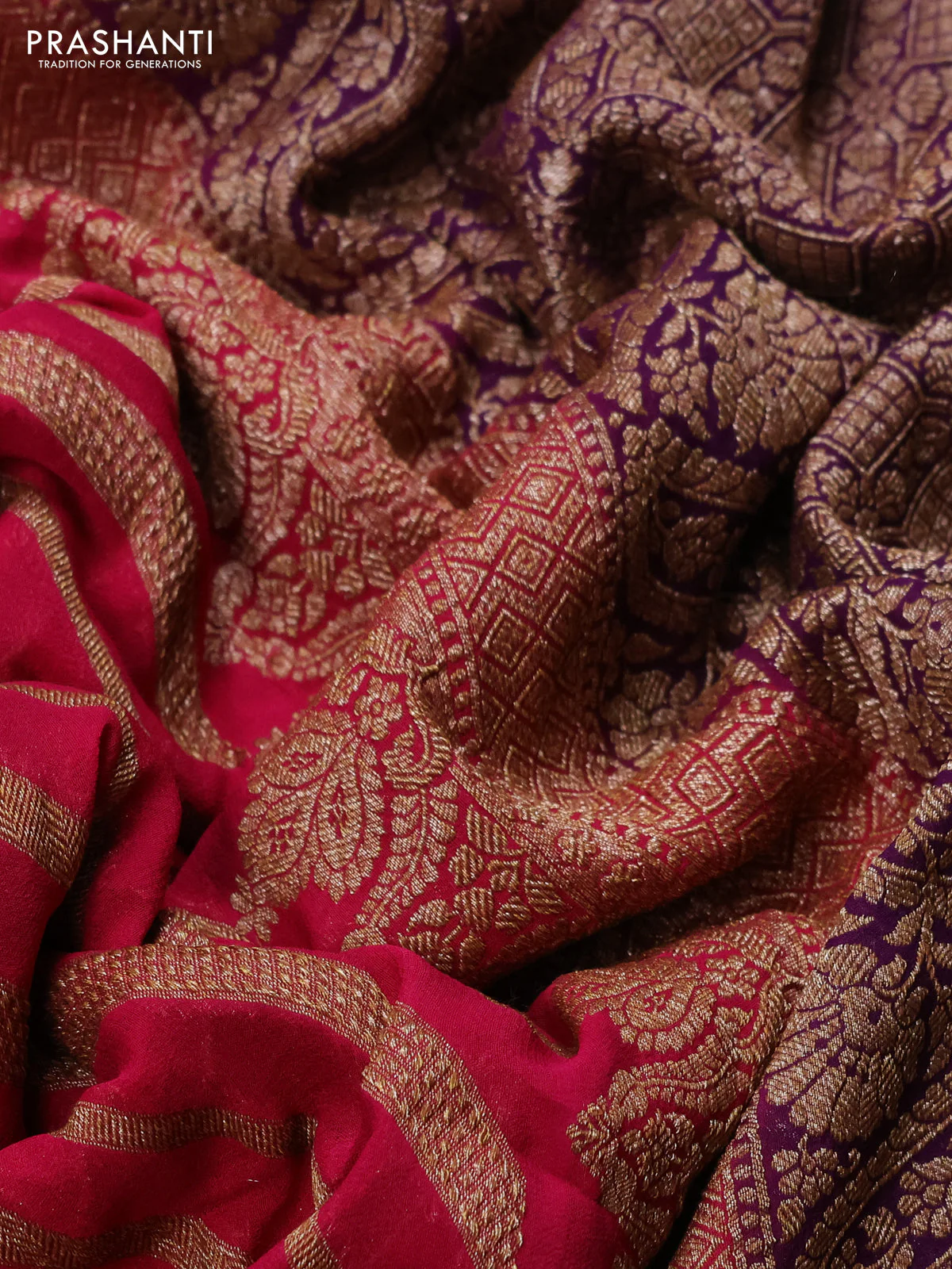 Banarasi georgette saree pink and purple with allover thread & zari woven leheriya pattern and woven border - Image 3