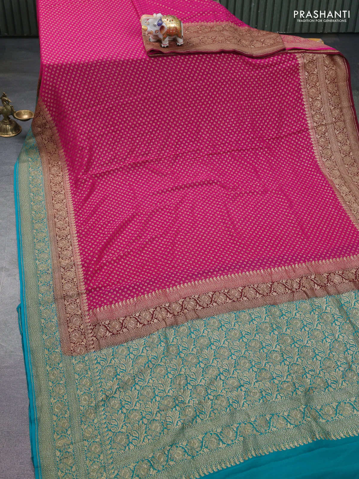 Banarasi georgette saree pink and teal green with allover thread & zari woven buttas and long woven border - Image 2