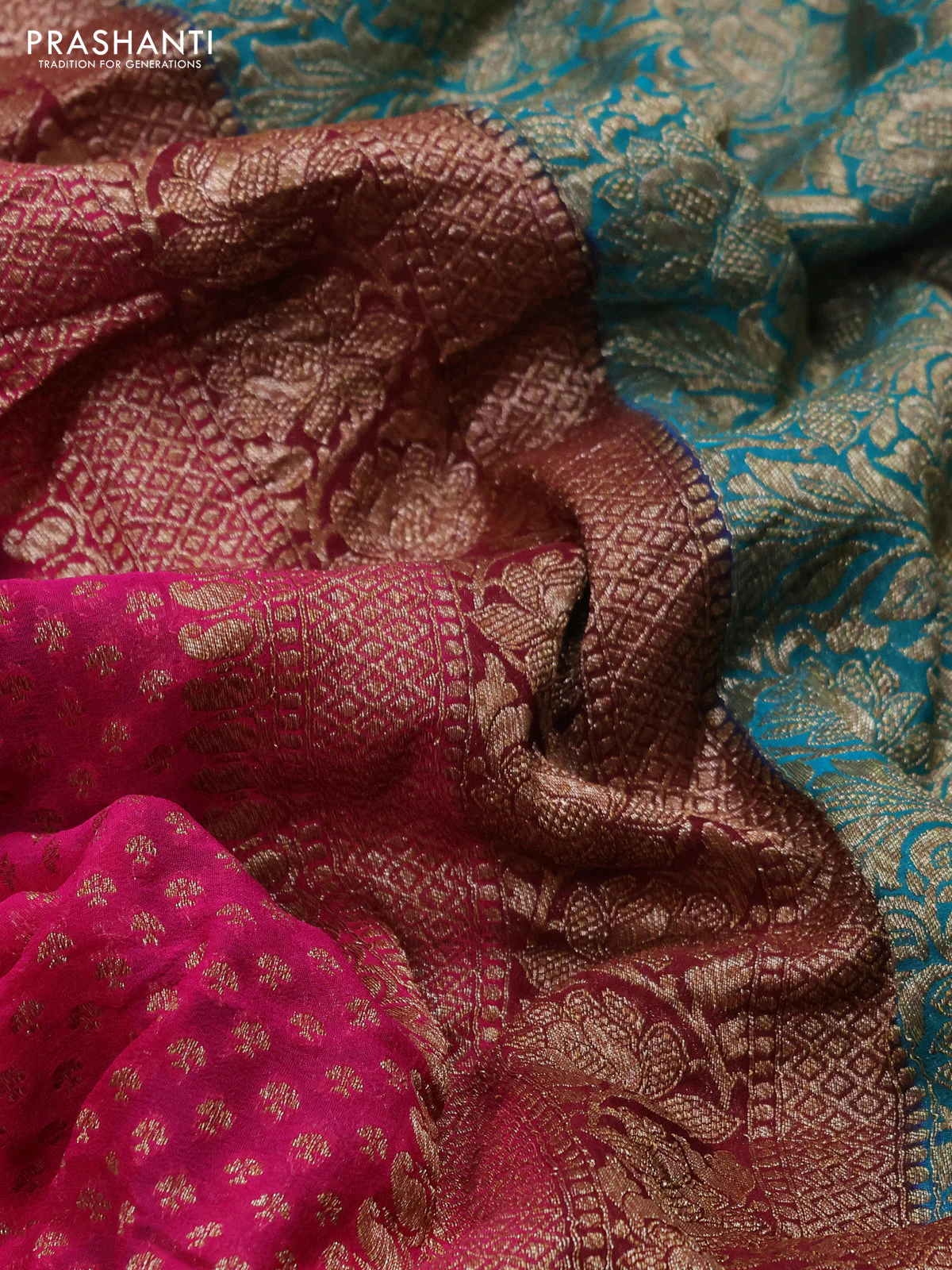 Banarasi georgette saree pink and teal green with allover thread & zari woven buttas and long woven border - Image 3