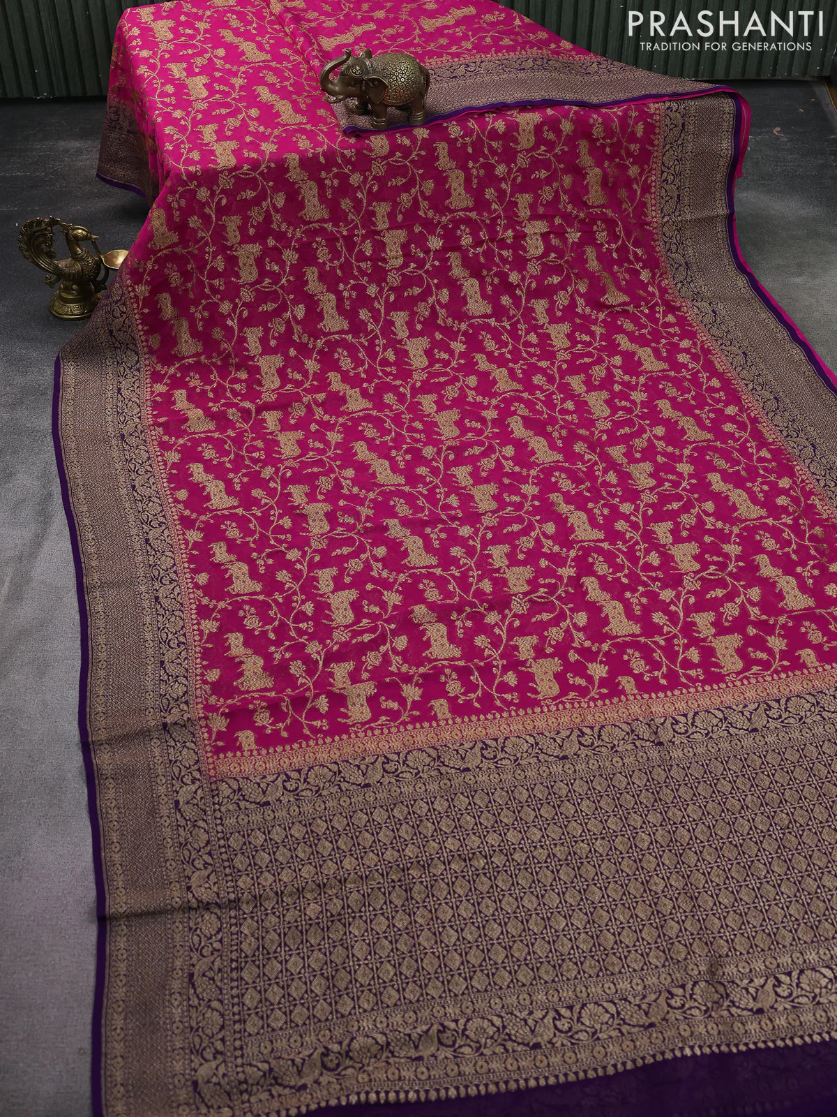 Banarasi georgette saree pink and violet with allover thread & zari weaves and woven border - Image 2