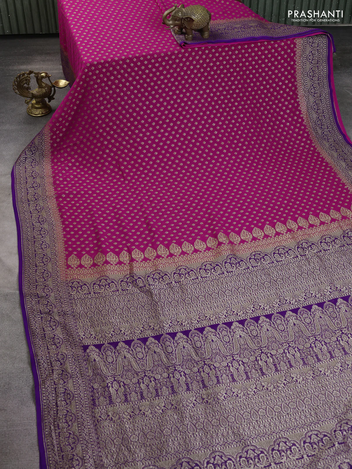 Banarasi georgette saree pink and violet with allover thread & zari woven buttas and woven border - Image 2