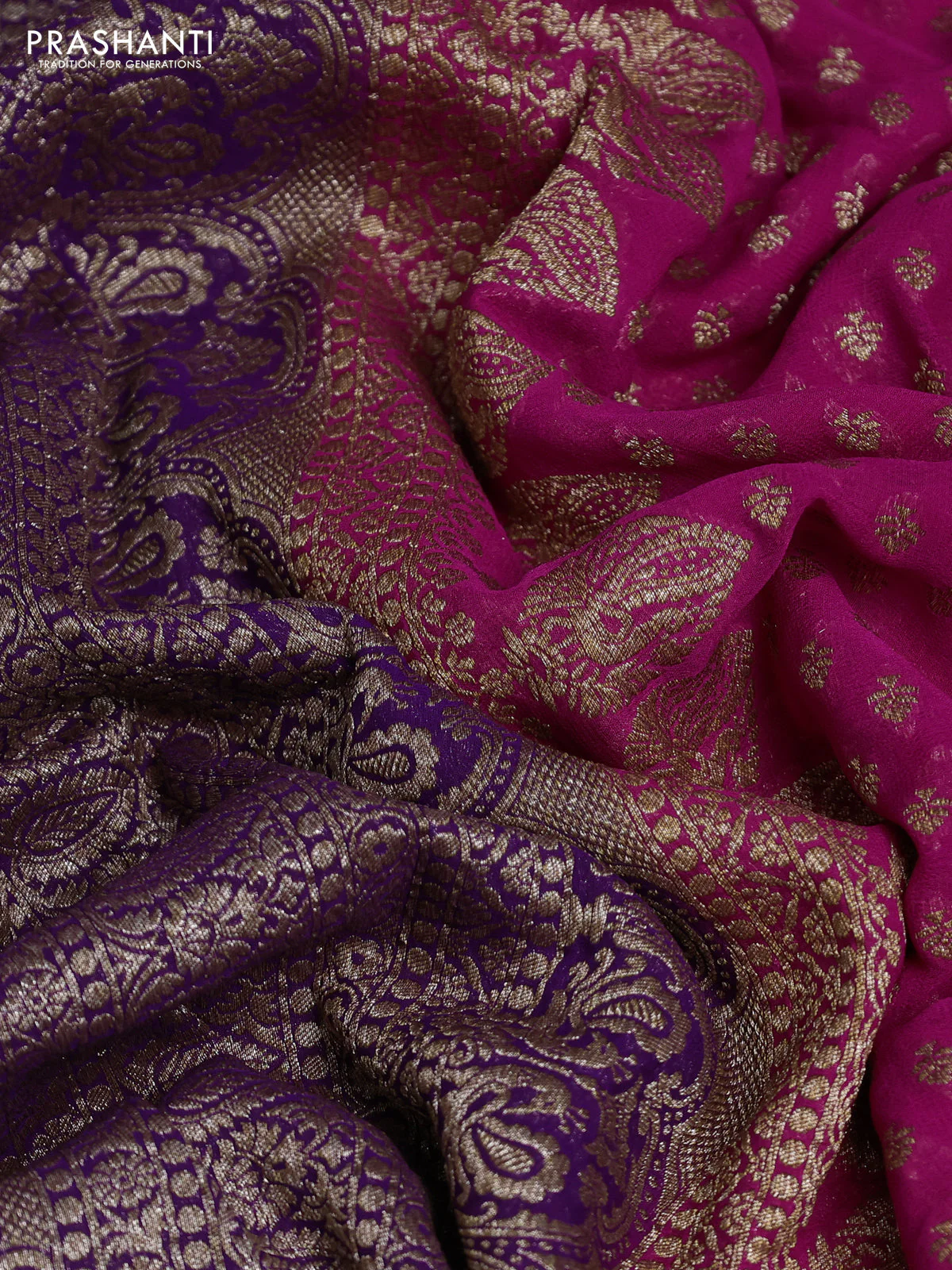 Banarasi georgette saree pink and violet with allover thread & zari woven buttas and woven border - Image 3