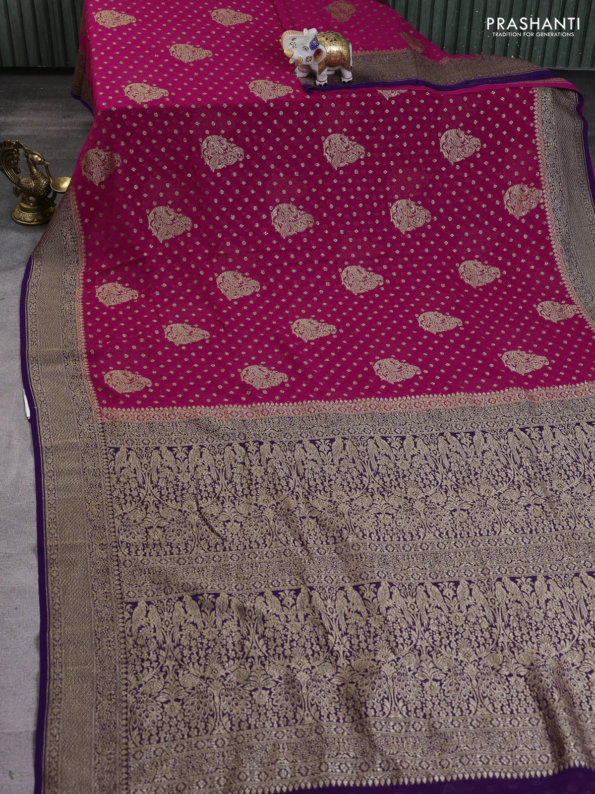 Banarasi georgette saree pink and violet with allover thread & zari woven buttas and woven border - Image 2