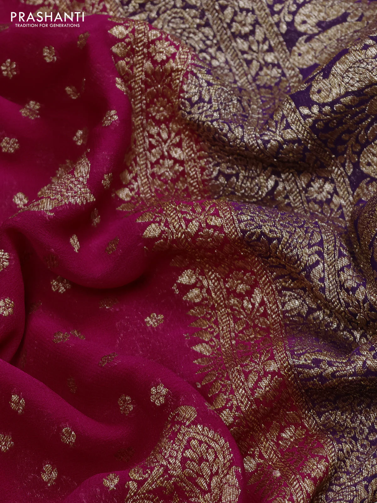 Banarasi georgette saree pink and violet with allover thread & zari woven buttas and woven border - Image 3