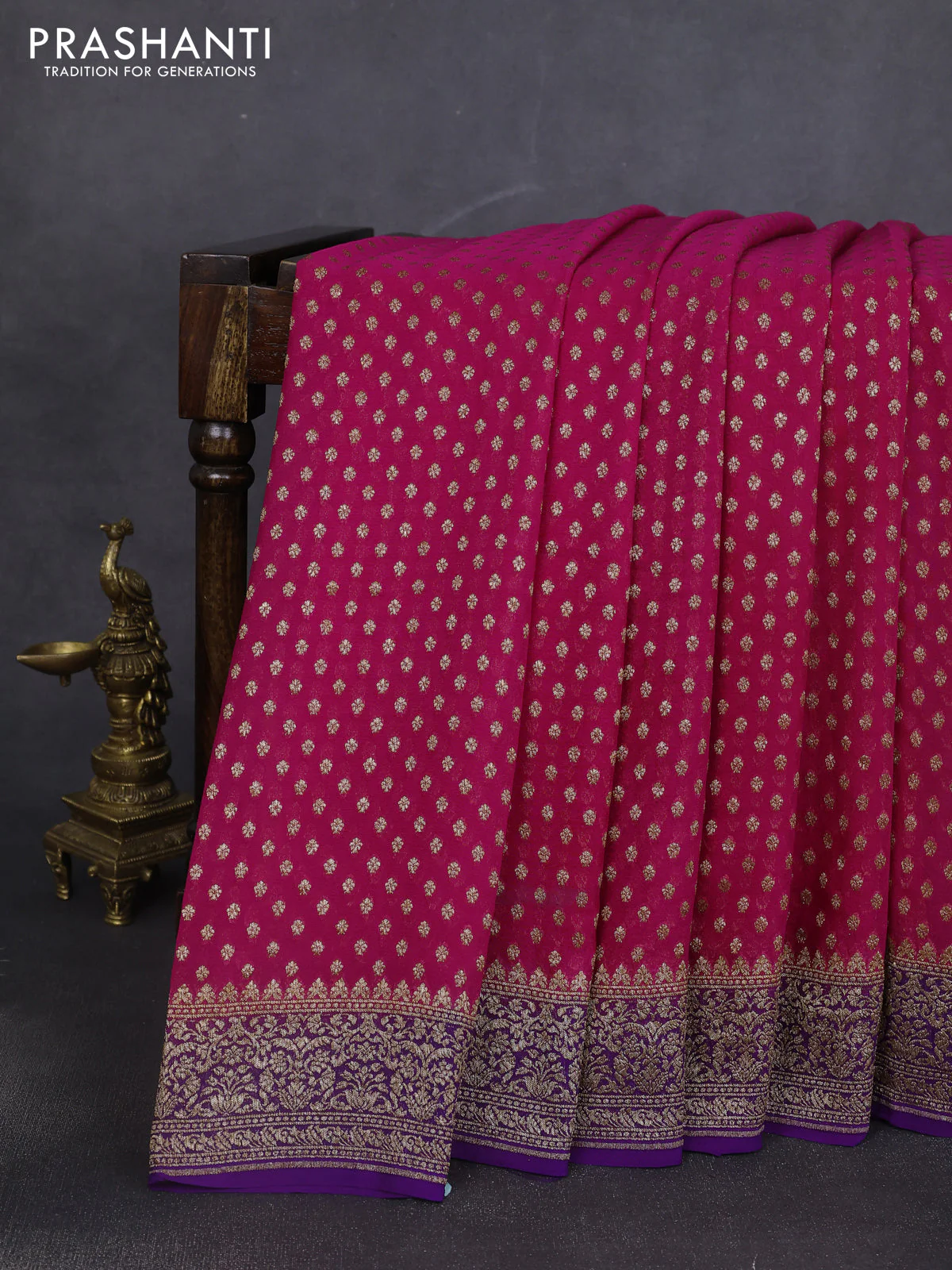 Banarasi georgette saree pink and violet with allover thread & zari woven leheriya pattern and woven border