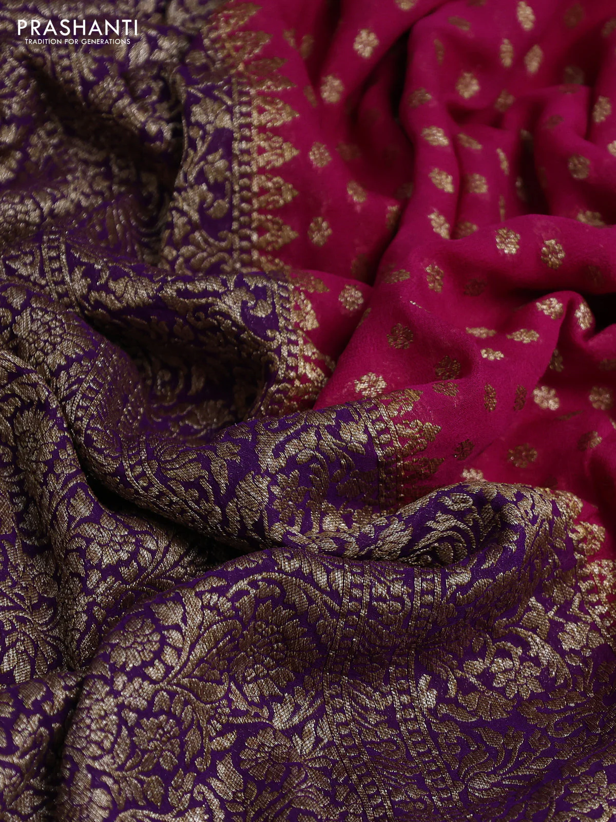 Banarasi georgette saree pink and violet with allover thread & zari woven leheriya pattern and woven border - Image 3