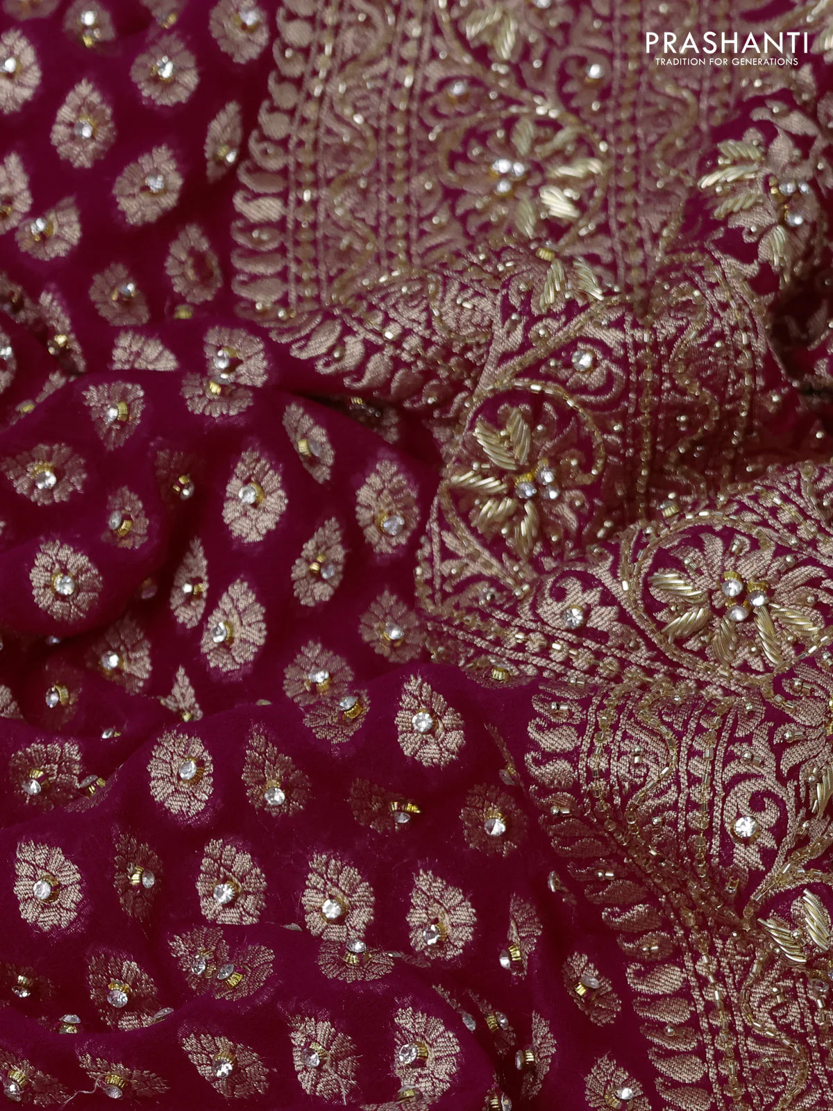 Banarasi georgette saree pink with woven buttas & stone work and zardosi work border - Image 3