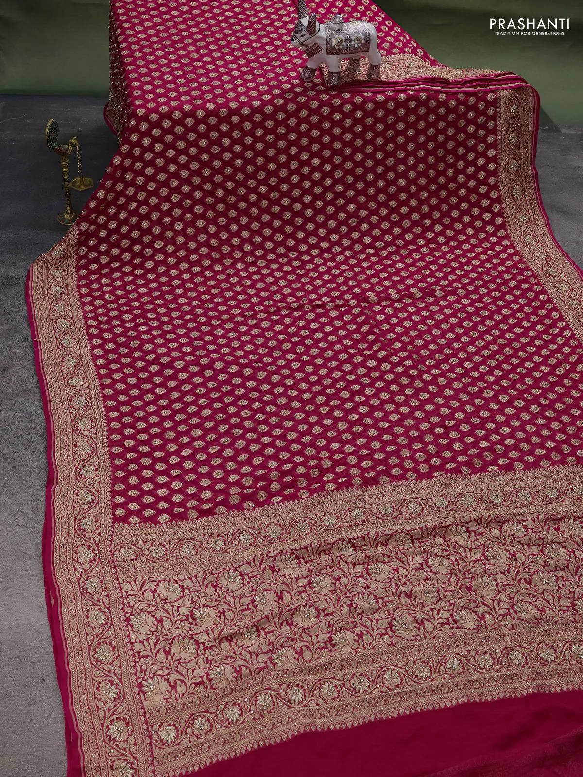 Banarasi georgette saree pink with woven buttas & stone work and zardosi work border - Image 2
