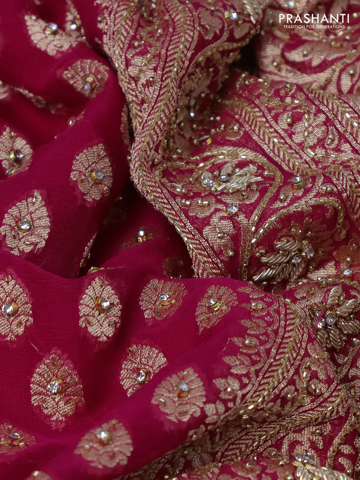 Banarasi georgette saree pink with woven buttas & stone work and zardosi work border - Image 3