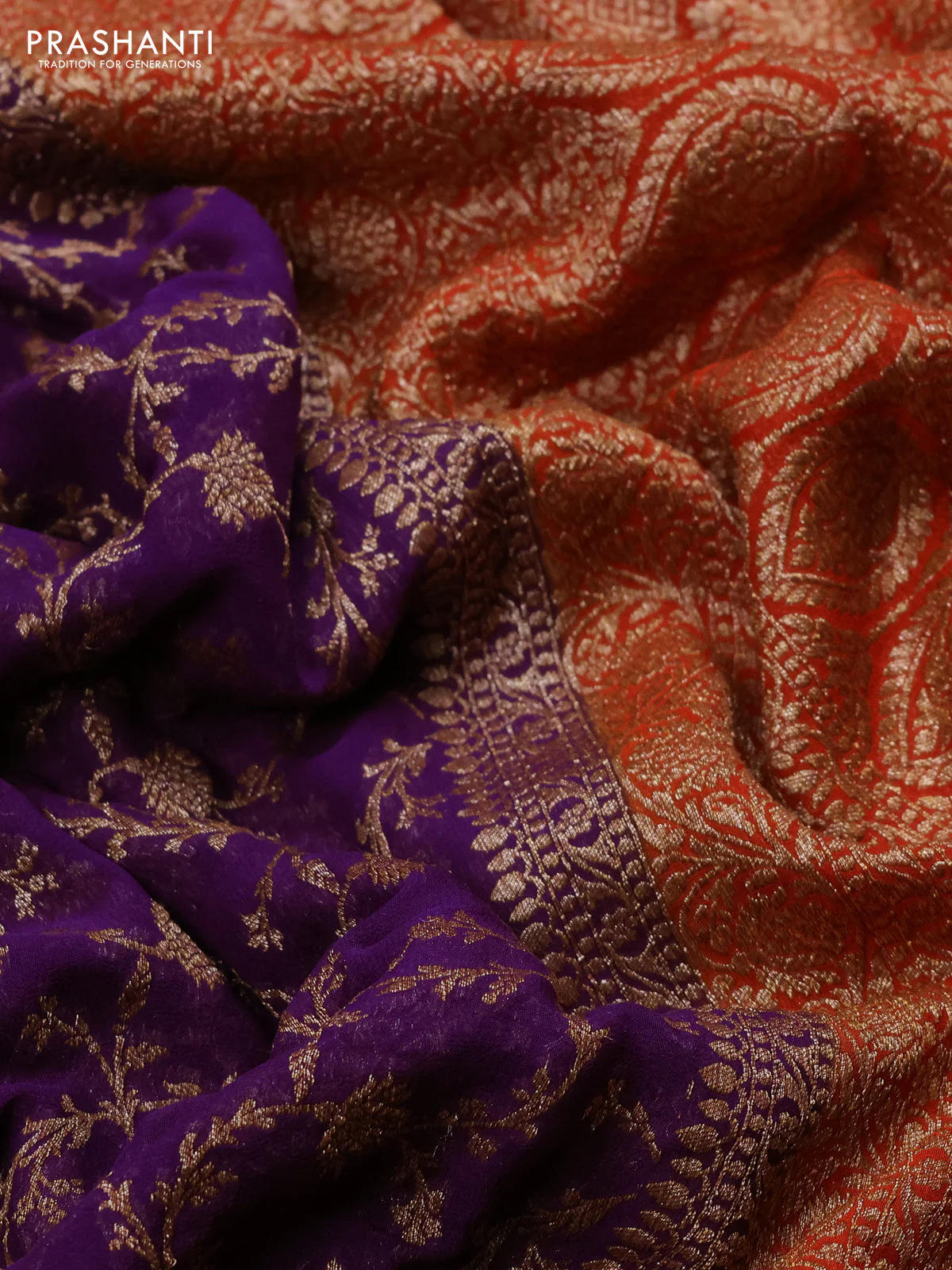 Banarasi georgette saree purple and orange with allover thread & zari weaves and woven border - Image 3