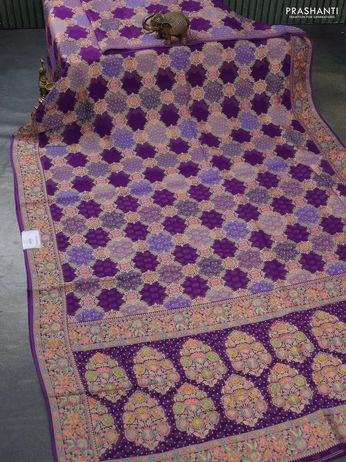 Banarasi georgette saree purple with bandhani prints & mina weaves - Image 2