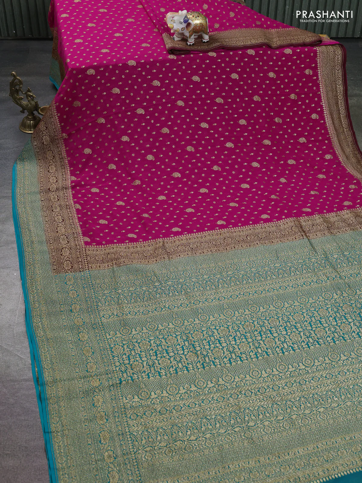 Banarasi georgette saree rani pink and teal green with allover thread & zari woven buttas and long woven border - Image 2