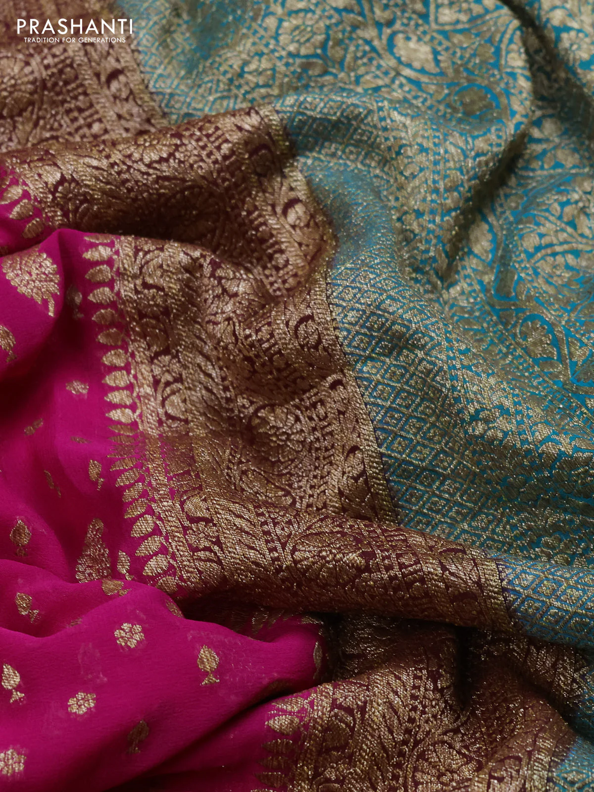 Banarasi georgette saree rani pink and teal green with allover thread & zari woven buttas and long woven border - Image 3