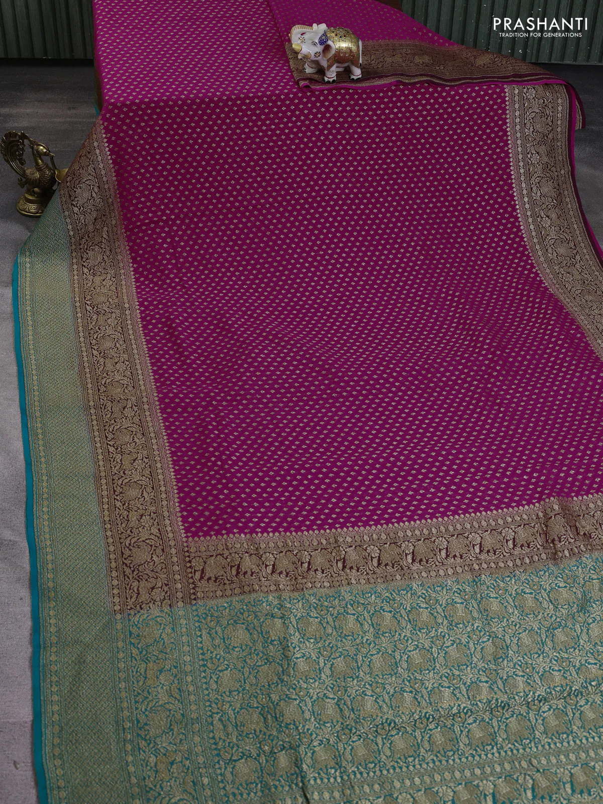 Banarasi georgette saree rani pink and teal green with allover thread & zari woven buttas and long woven border - Image 2