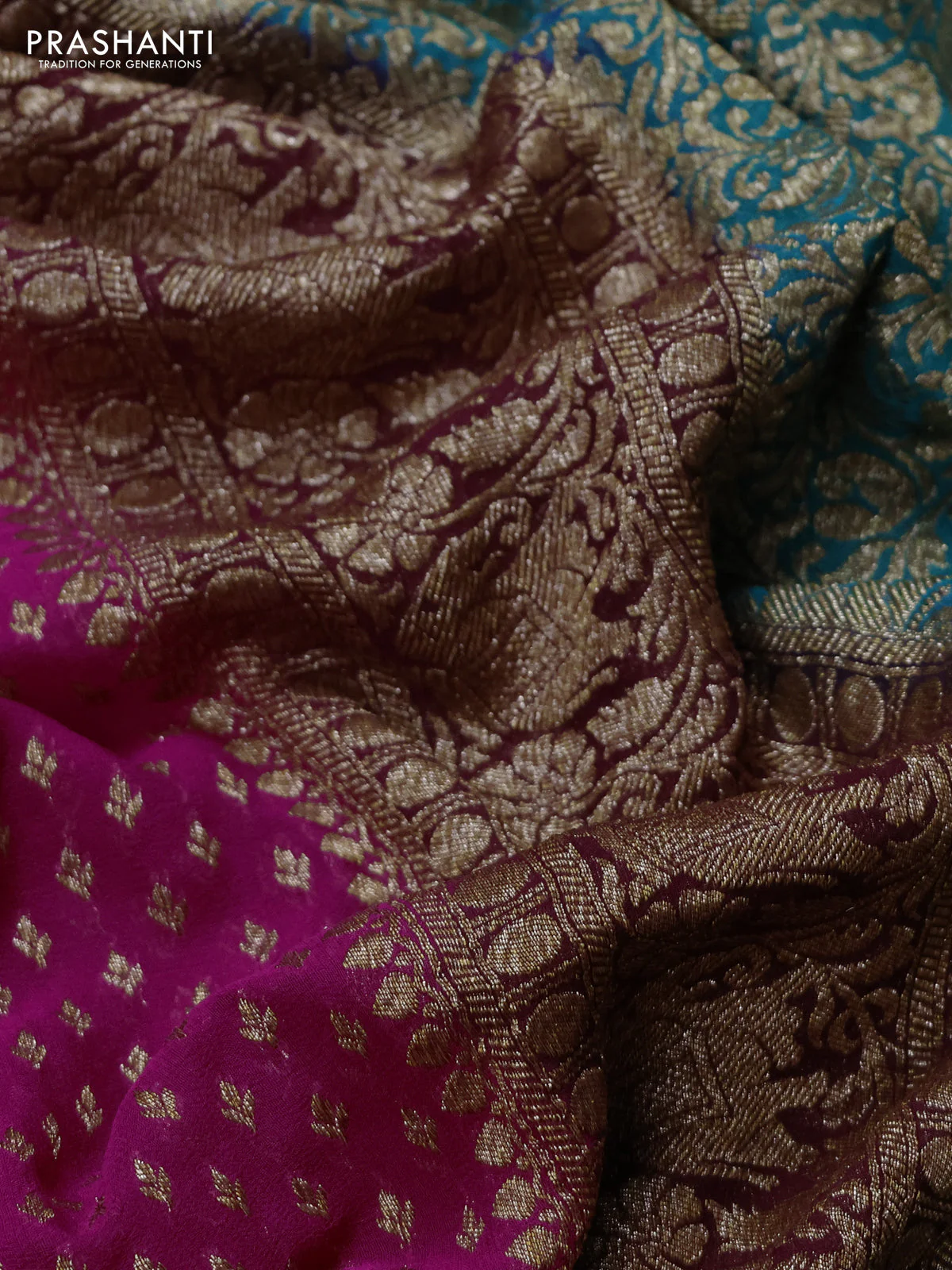 Banarasi georgette saree rani pink and teal green with allover thread & zari woven buttas and long woven border - Image 3