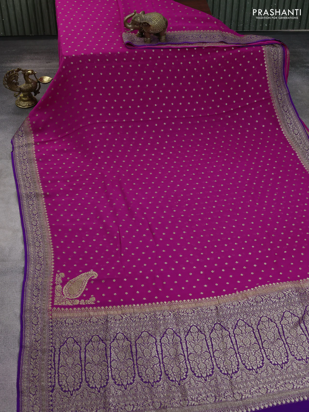Banarasi georgette saree rani pink and violet with allover thread & zari woven buttas and woven border - Image 2