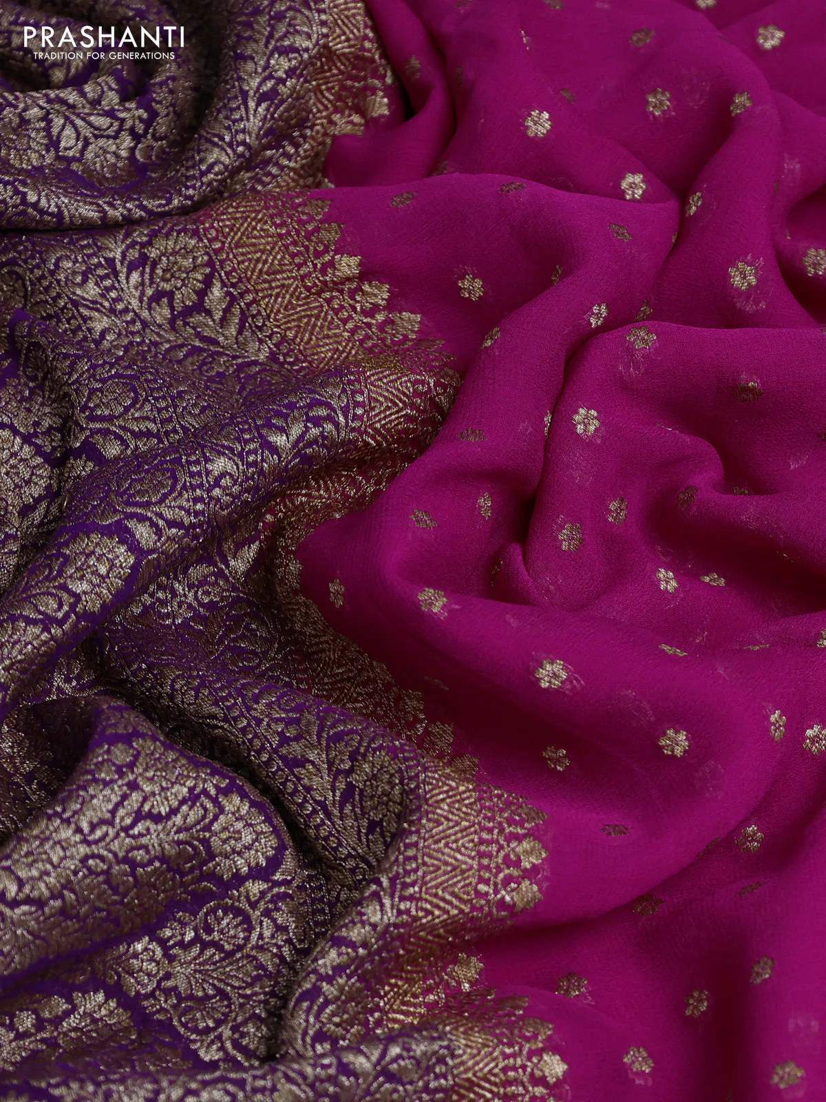 Banarasi georgette saree rani pink and violet with allover thread & zari woven buttas and woven border - Image 3