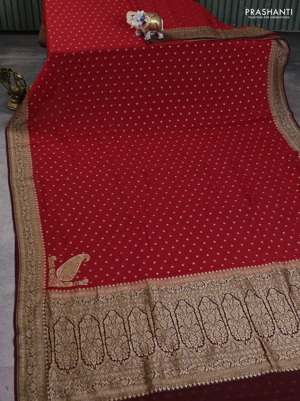 Banarasi georgette saree red and brown with allover thread & zari woven buttas and woven border - Image 2