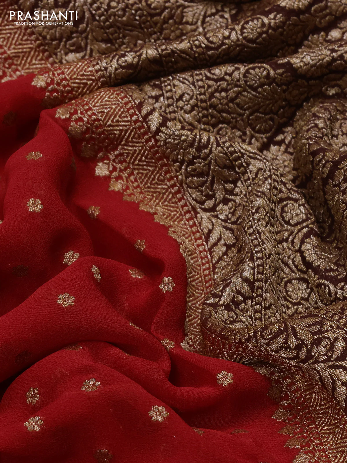 Banarasi georgette saree red and brown with allover thread & zari woven buttas and woven border - Image 3