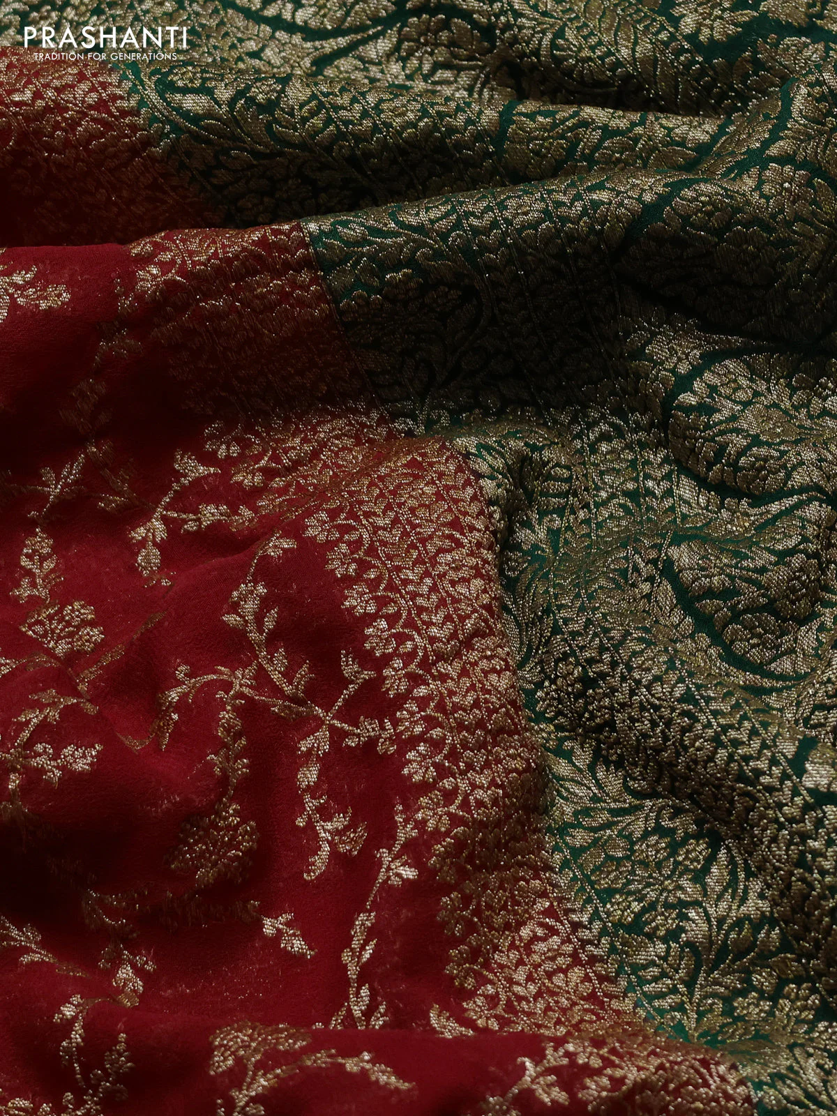 Banarasi georgette saree red and green with allover thread & zari weaves and woven border - Image 3