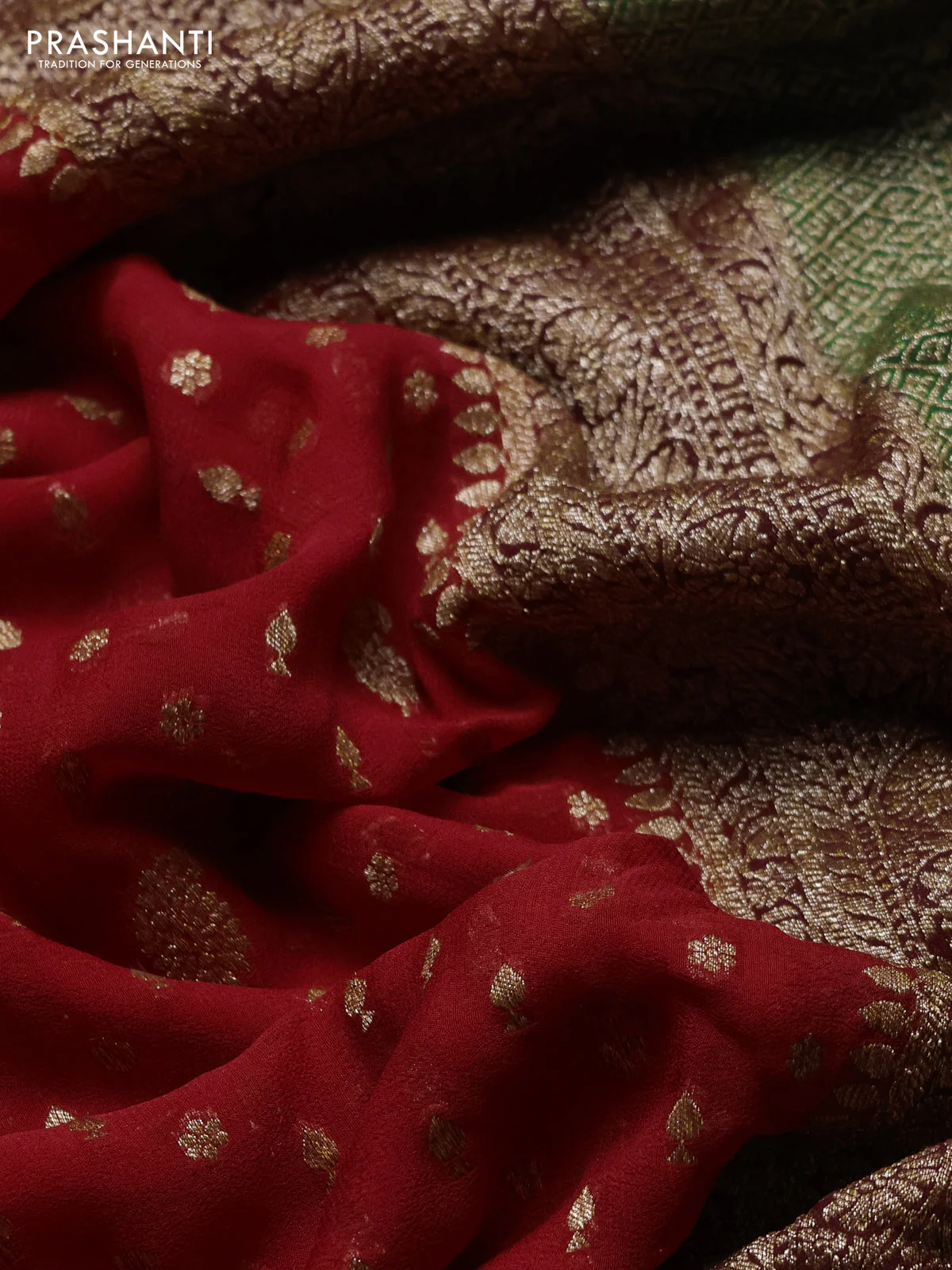 Banarasi georgette saree red and green with allover thread & zari woven buttas and long woven border - Image 3
