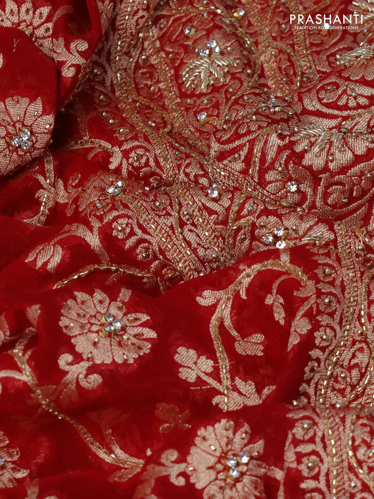 Banarasi georgette saree red with allover jaal weaves & stone work and zardosi work border - Image 3