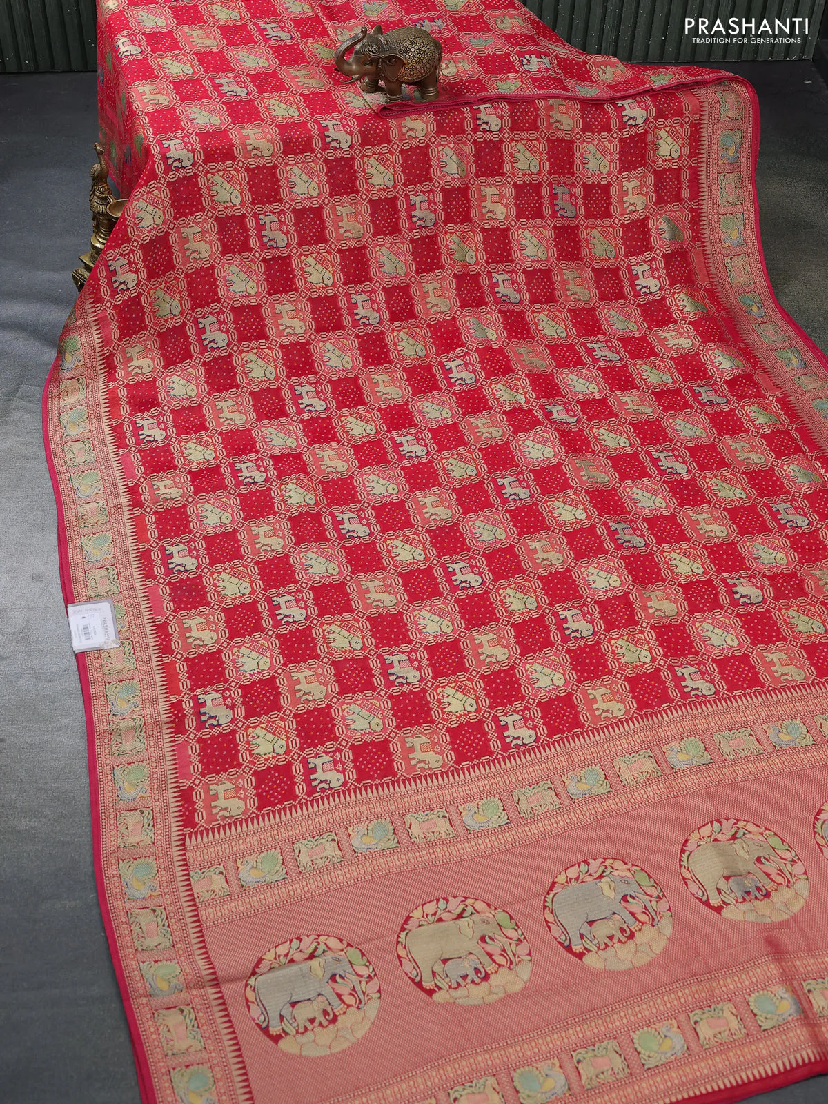 Banarasi georgette saree red with bandhani prints & mina weaves - Image 2