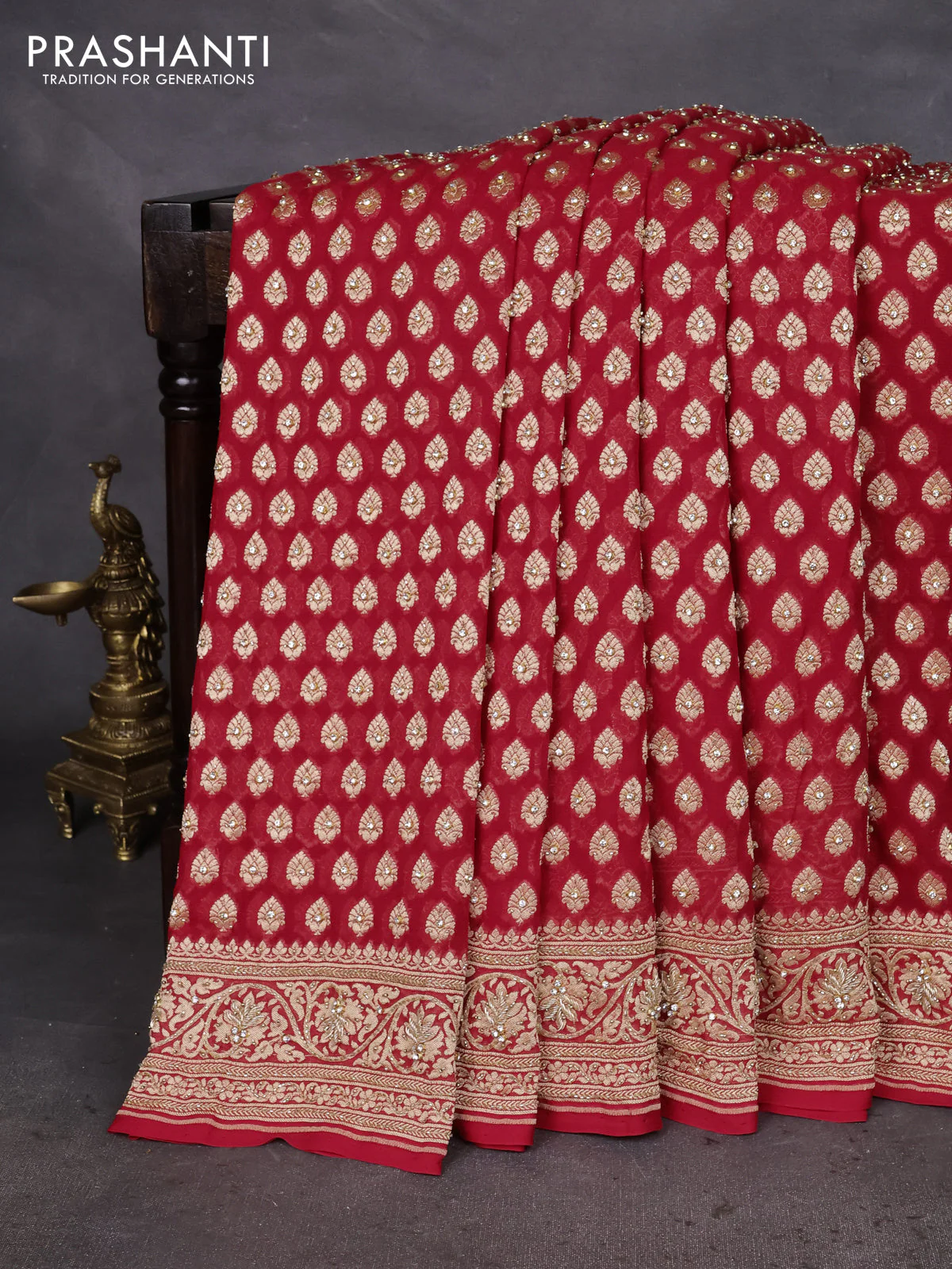Banarasi georgette saree red with woven buttas & stone work and zardosi work border