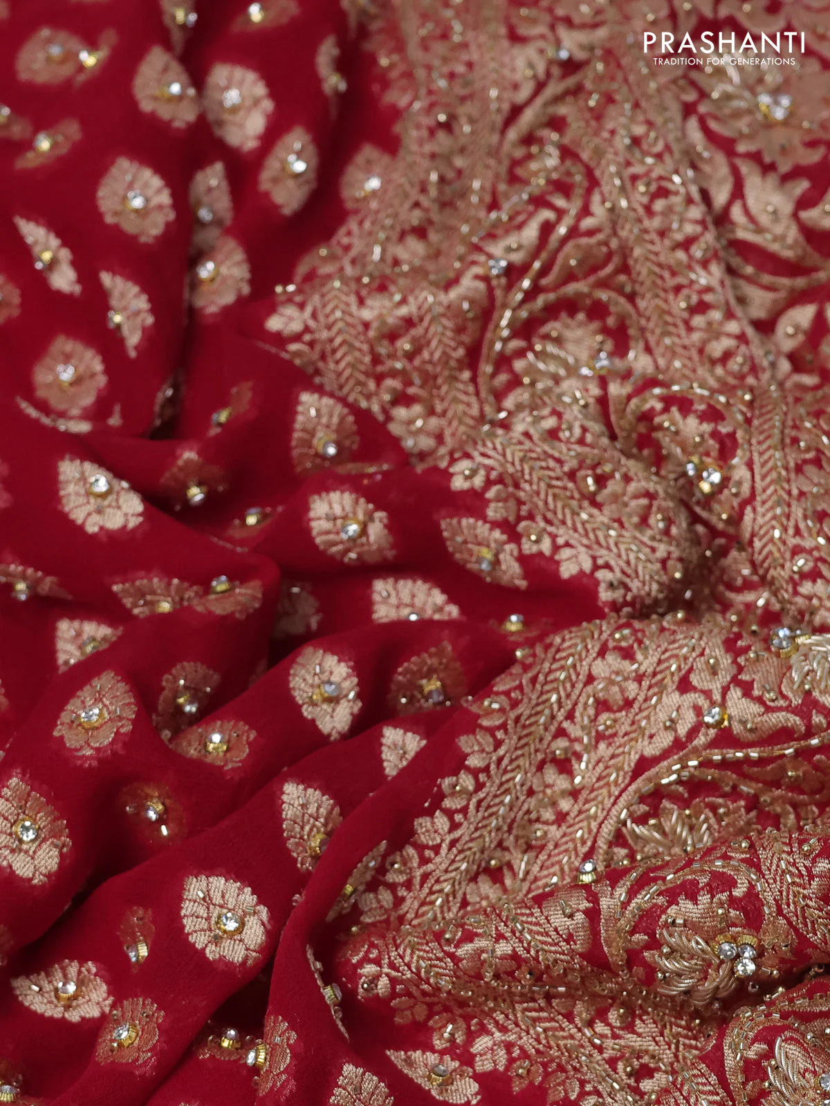 Banarasi georgette saree red with woven buttas & stone work and zardosi work border - Image 3