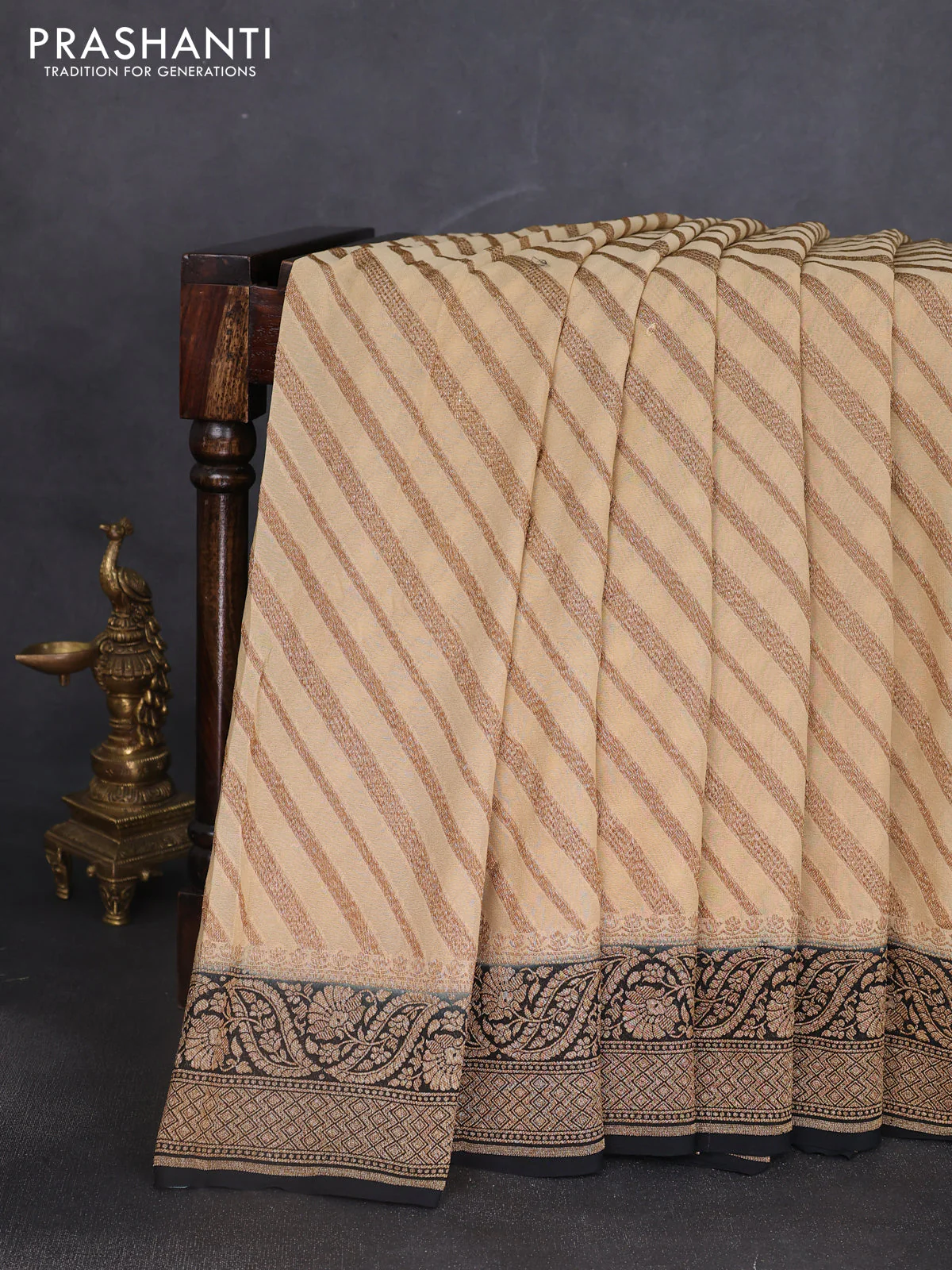 Banarasi georgette saree sandal and black with allover thread & zari woven leheriya pattern and woven border