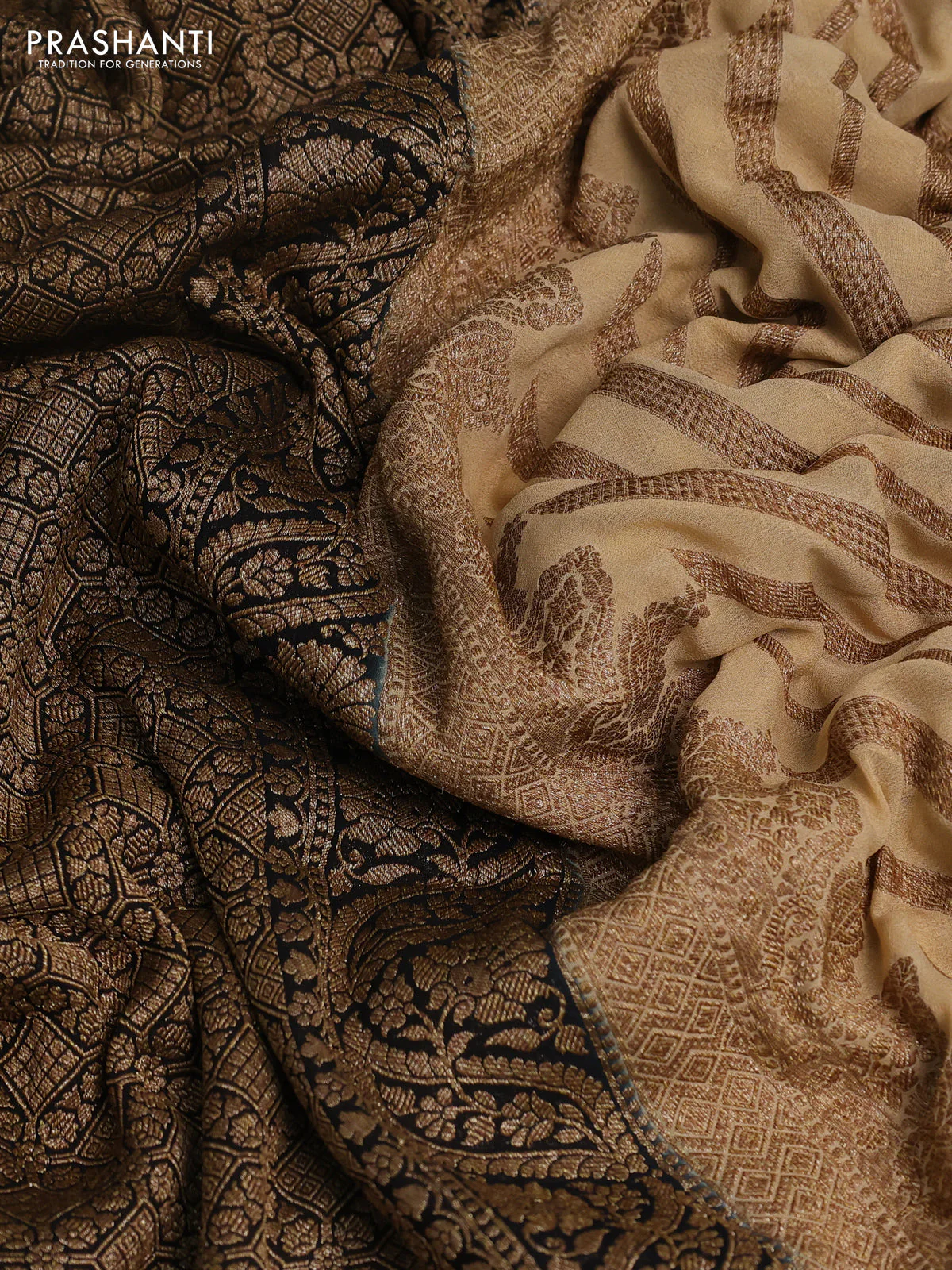 Banarasi georgette saree sandal and black with allover thread & zari woven leheriya pattern and woven border - Image 3