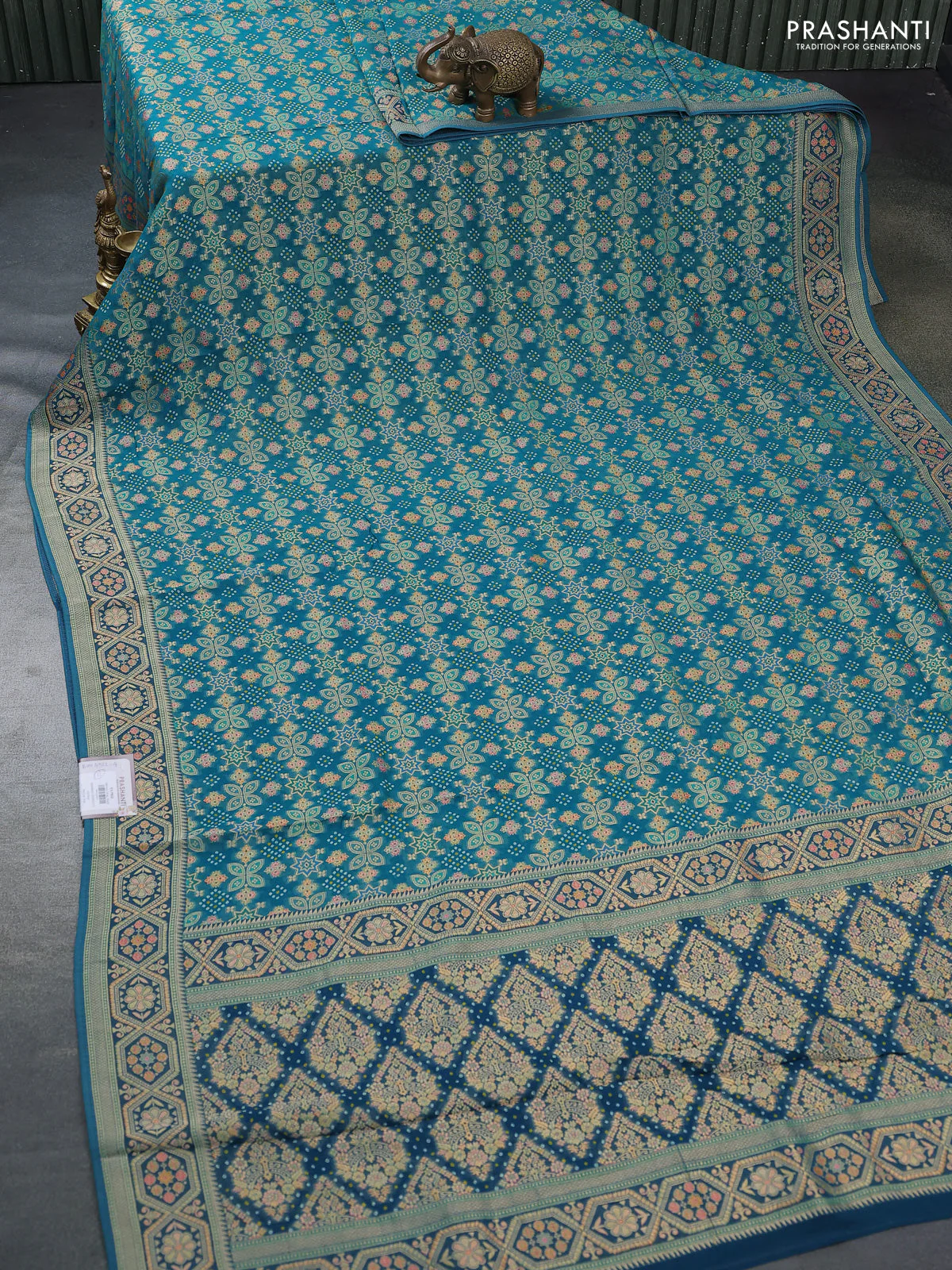 Banarasi georgette saree teal blue with bandhani prints & mina weaves - Image 2
