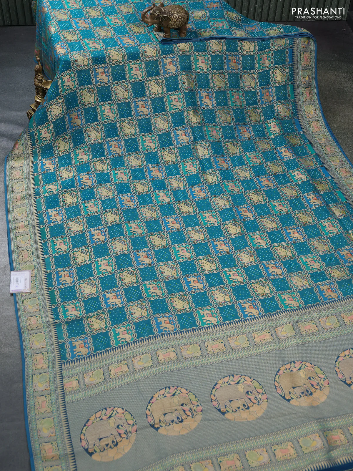 Banarasi georgette saree teal blue with bandhani prints & mina weaves - Image 2