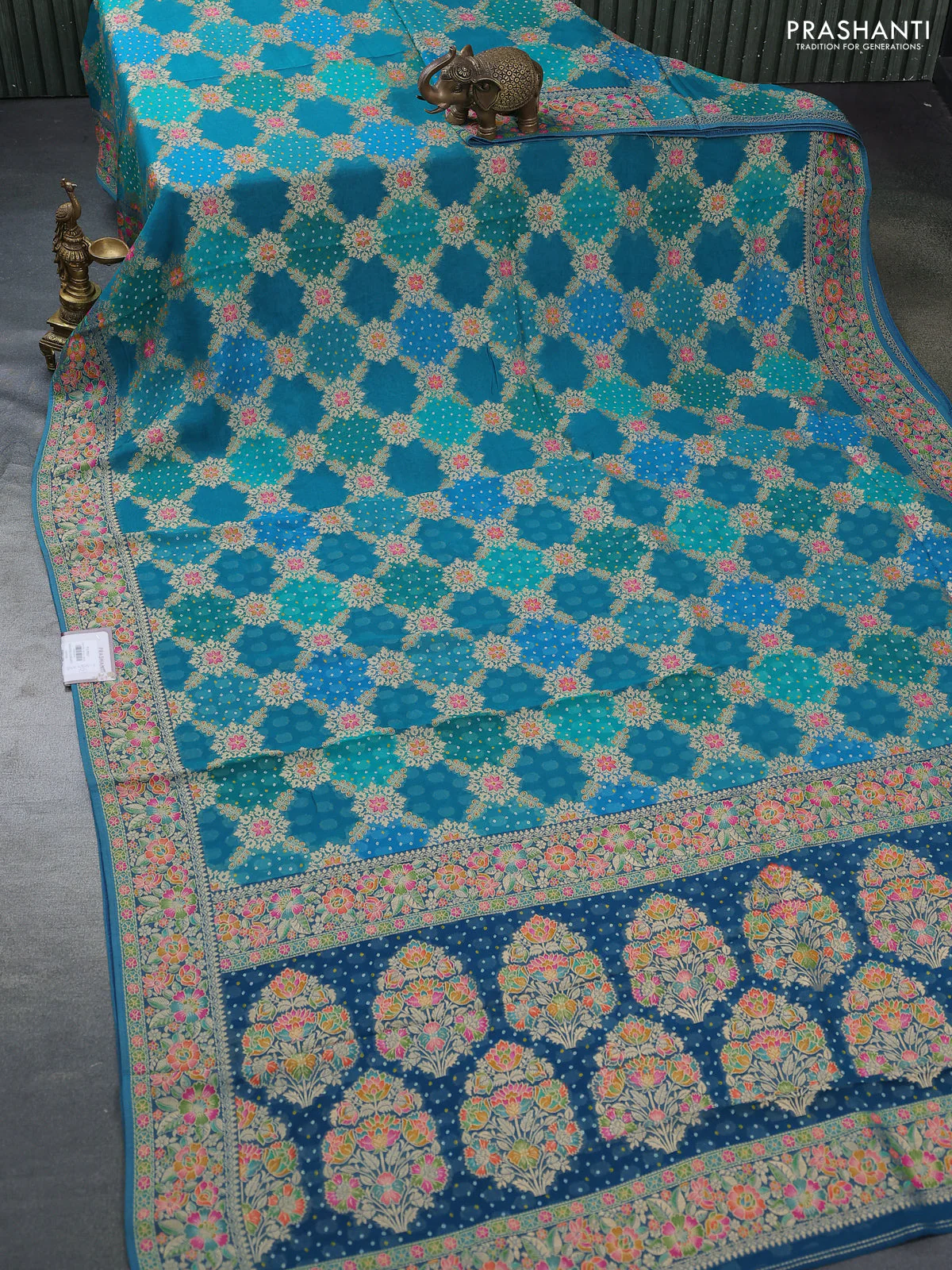 Banarasi georgette saree teal blue with bandhani prints & mina weaves - Image 2