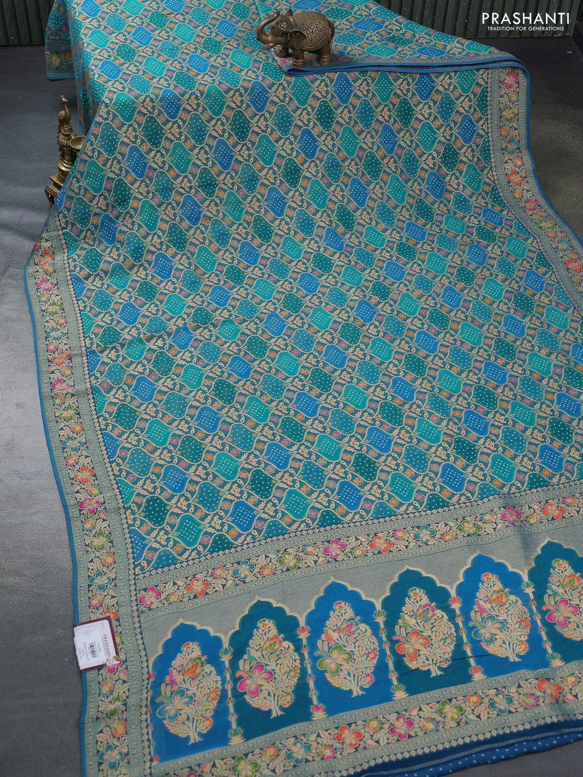 Banarasi georgette saree teal shade with bandhani prints & mina weaves - Image 2