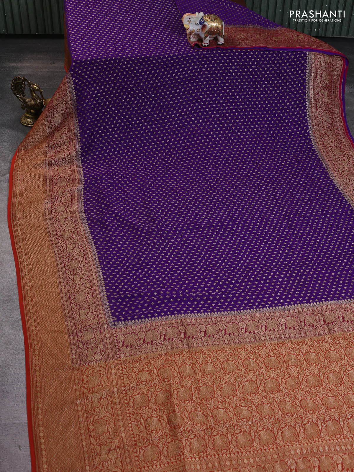 Banarasi georgette saree violet and pink orange with allover thread & zari woven buttas and long woven border - Image 2