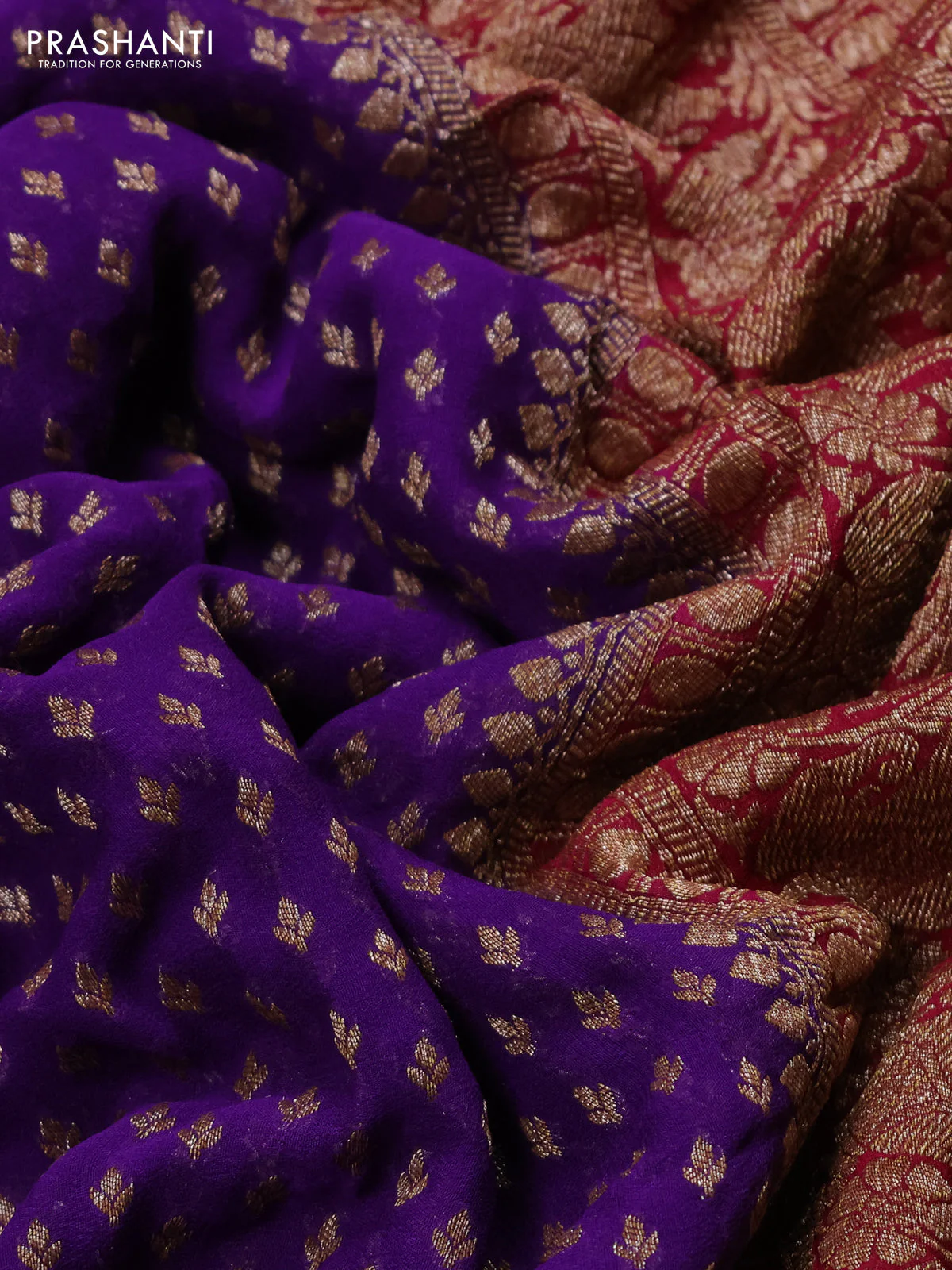 Banarasi georgette saree violet and pink orange with allover thread & zari woven buttas and long woven border - Image 3