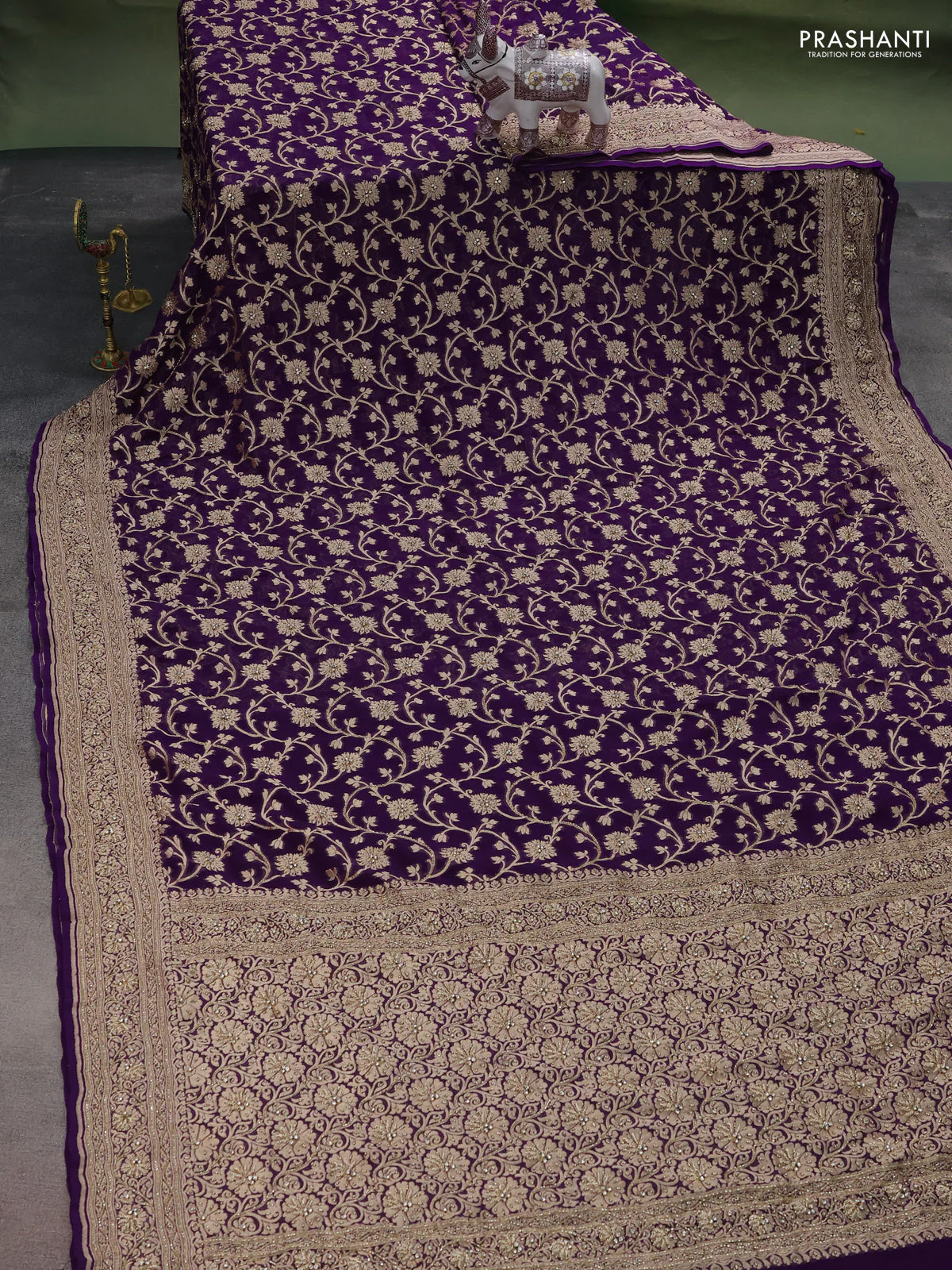 Banarasi georgette saree violet with allover jaal weaves & stone work and zardosi work border - Image 2