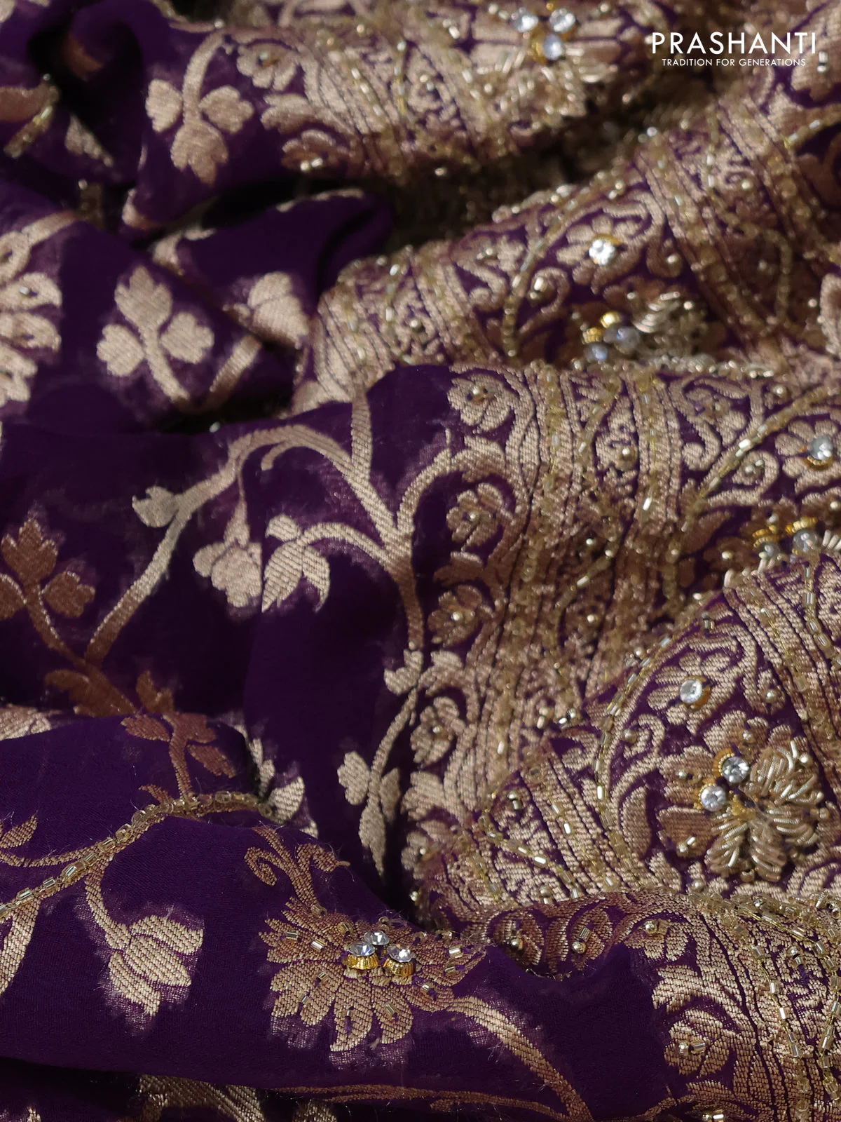Banarasi georgette saree violet with allover jaal weaves & stone work and zardosi work border - Image 3